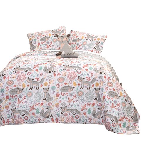 Lush Decor Pixie Fox Reversible Quilt Set, 3 Piece Set, Twin, Gray & Pink - Fun Lightweight Twin Bedding for Kids - Girls Pink Bedroom Decor