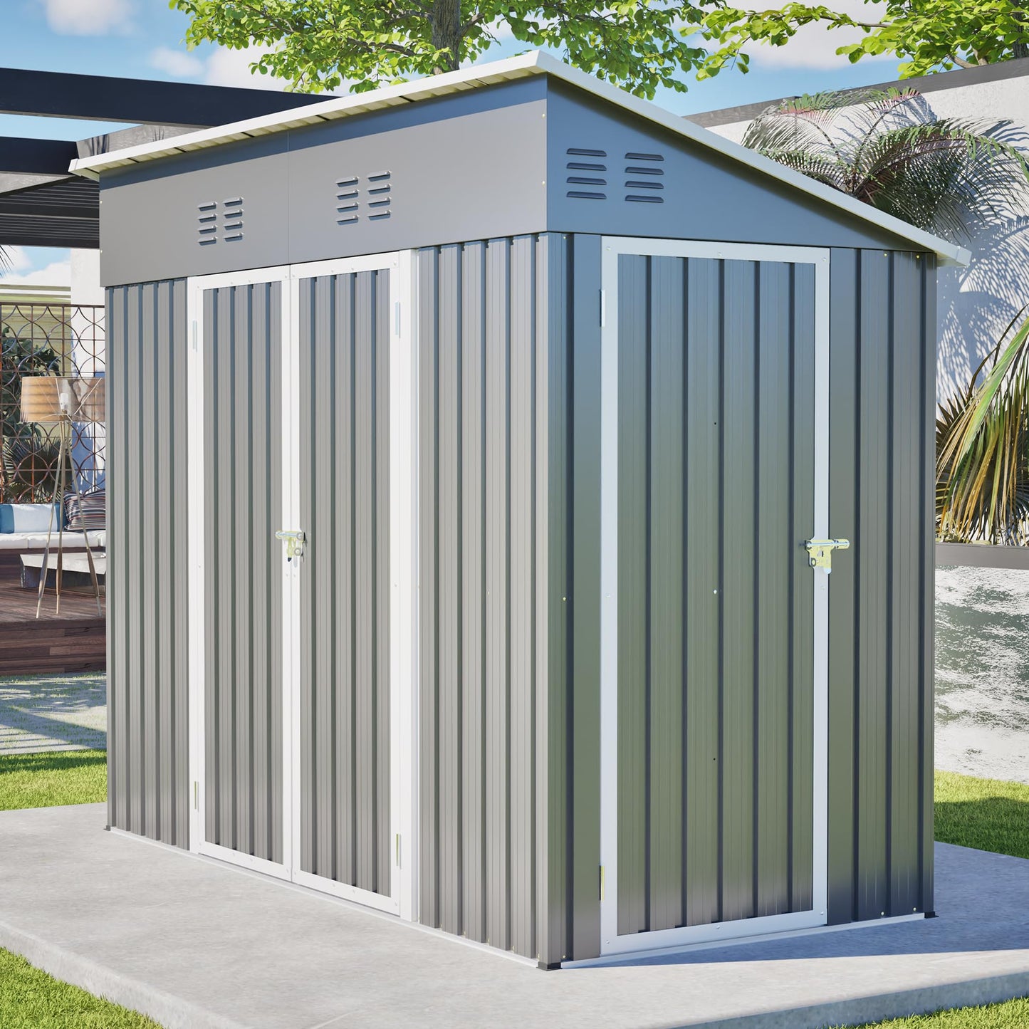 YOPTO 4x8 FT Outdoor Storage Shed,Slope Roof Storage Metal Garden Shed Steel with Reinforced Beams,All Weather Waterproof Garden Tool House W/Lockable Door & 4 Air Vents,for Backyard,Patio,Lawn,Grey