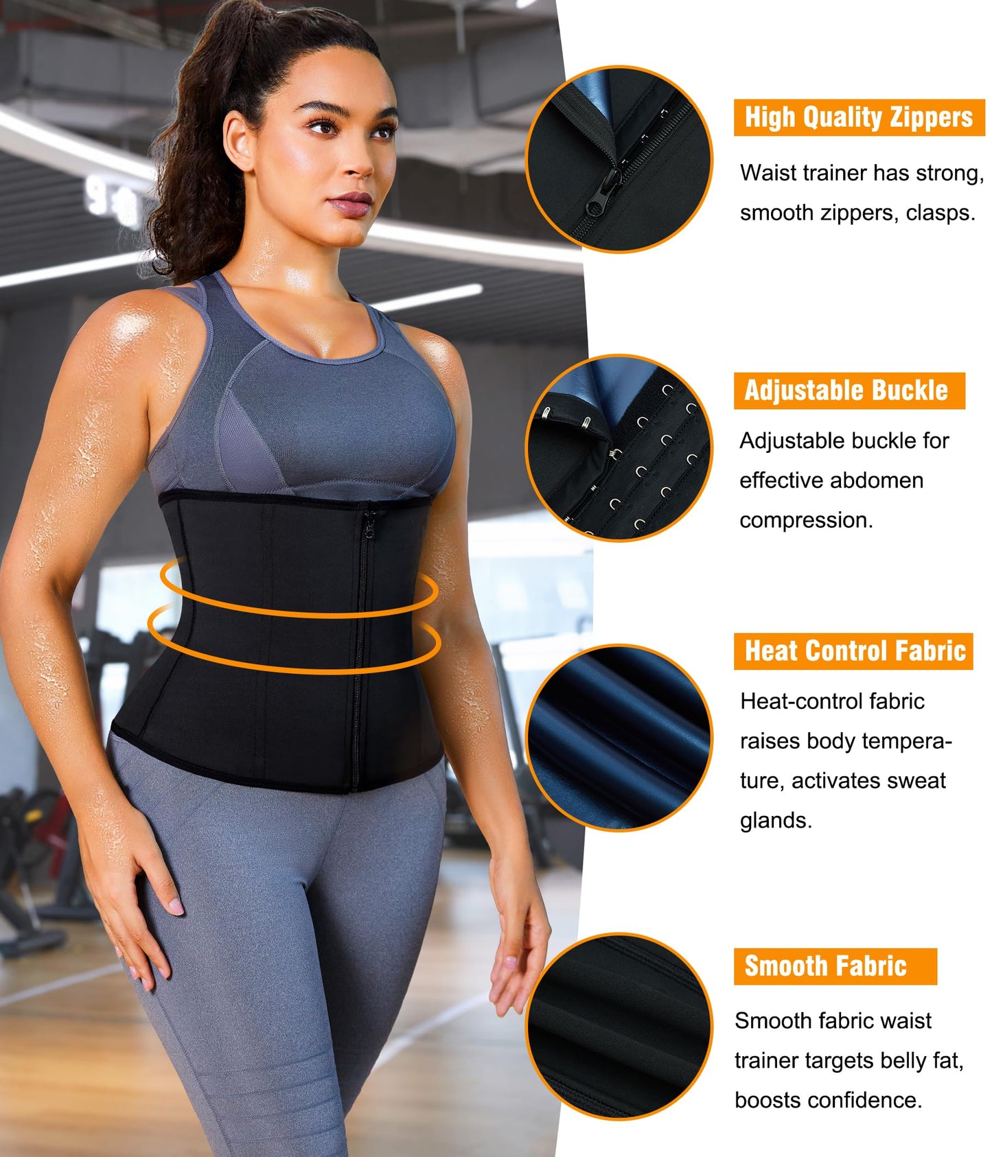 LEINIDINA Womens Waist Trainer Corset with Zipper Sweat Waist Trimmer for Women Workout Belt Corset Shapewear Black