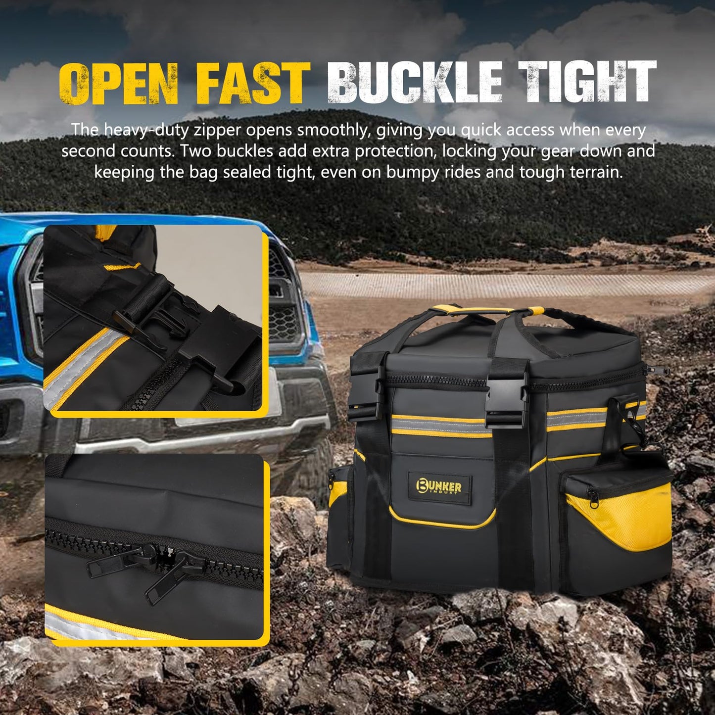 BUNKER INDUST Heavy Duty Recovery Gear Bag with Shoulder Strap, Large Recovery Equipment Bag with Reflective Strips for Offroad Accessories, Universal Multi-Pockets Storage Bag Tool Organizer