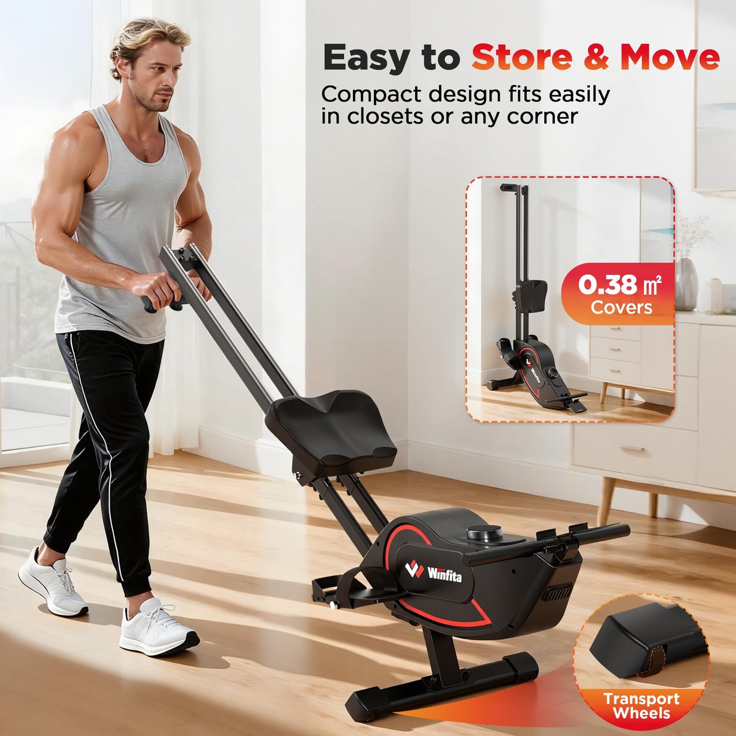 Winfita Rowing Machines for Home Use, Compact Rower Machine with 350 LBS Capacity,32-Level Self-Powered Resistance Knob with Real-Time Data Tracking, Dual Rail, Ergonomic Seat, App Support