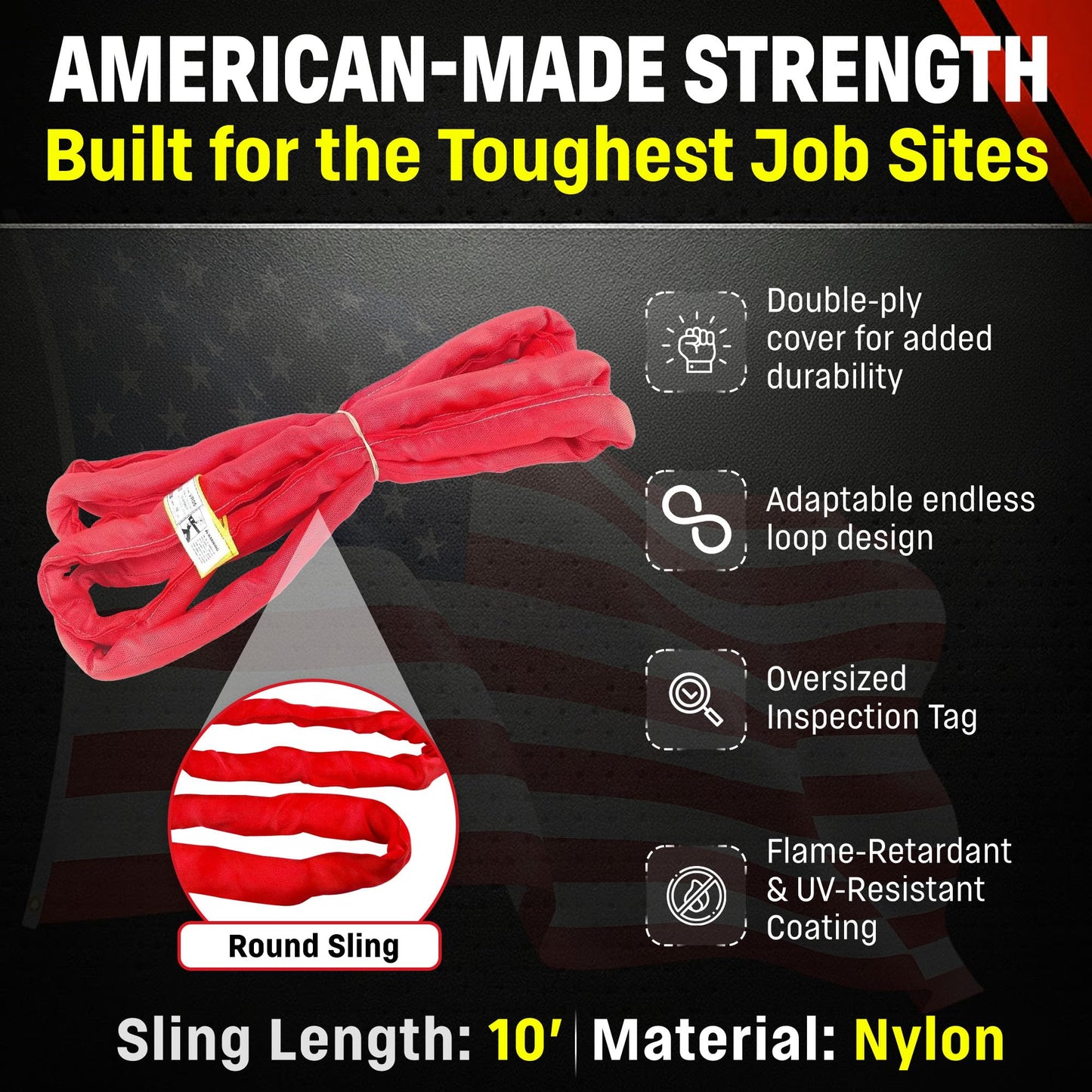 Chenango Supply VR5 Red Round Sling, 10 ft – USA Made, 13,200 lb Vertical, 10,560 lb Choker, 26,400 lb Basket – Double-Ply Cover Endless Poly Rigging Sling for Lifting & Material Handling (10 FT)