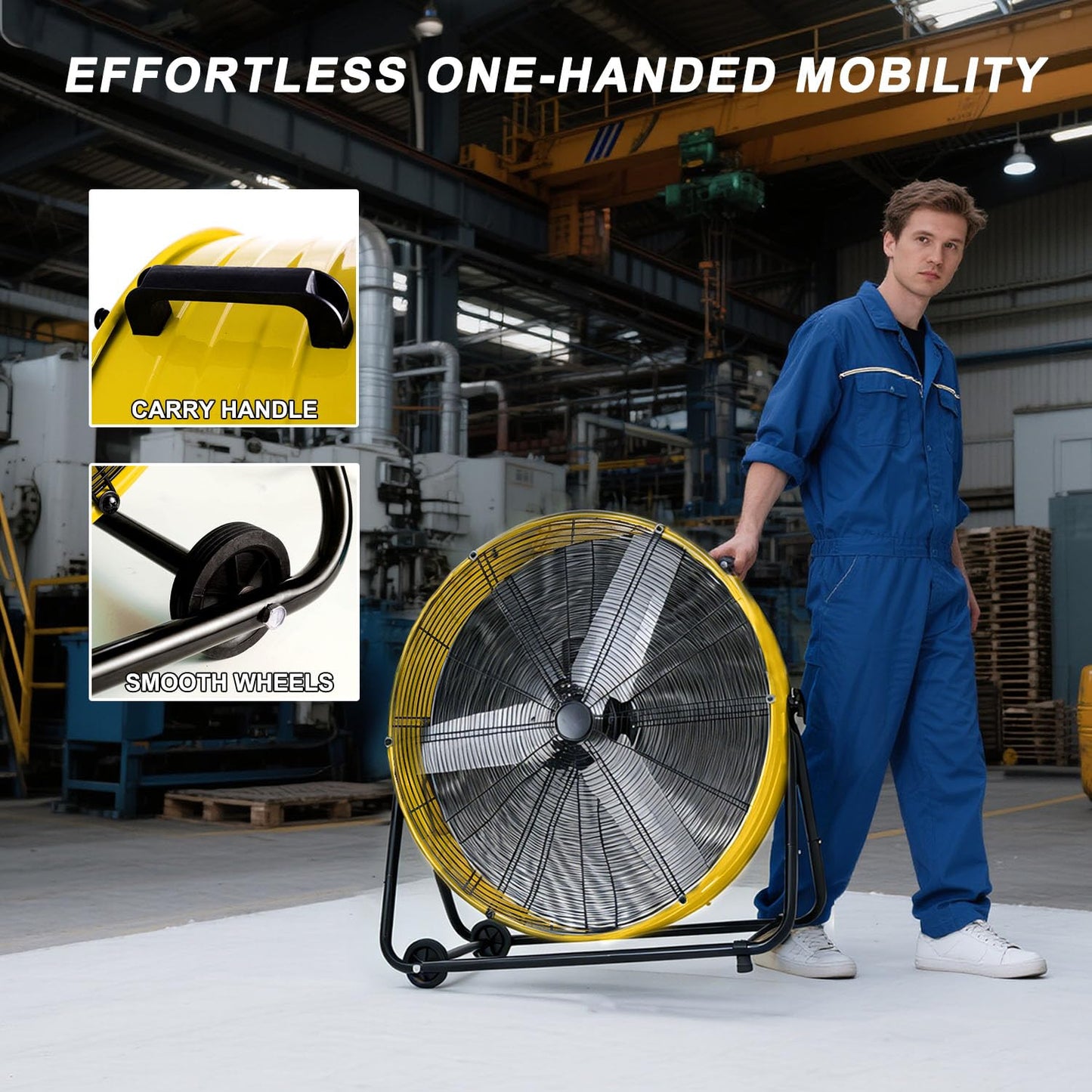 WARMLREC 24" Industrial Floor Fan, 8900 CFM High Velocity Drum Fan with 3 Speeds, Portable Heavy Duty Industrial Fan for Warehouse, Workshop, Factory, Commercial, Residential and Greenhouse Yellow