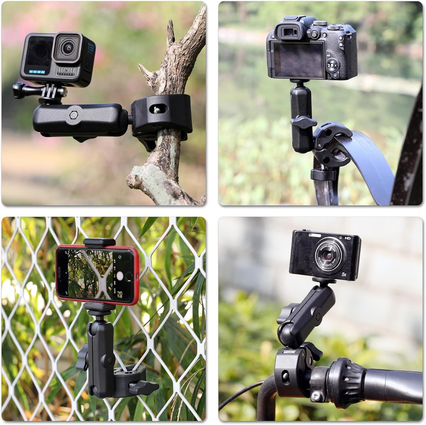 SOONSUN 360 13 12 11 10 9, Insta360, Super Clamp Mount with Dual Ball Heads & Phone Holder, Heavy-Duty Camera Clamp