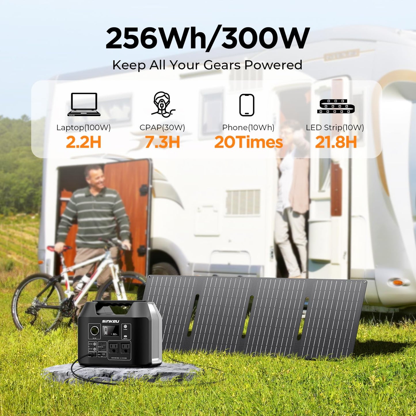 SinKeu Solar Generator with Panels Included - 300W Portable Power Station with 40W Solar Panel,256Wh (80000mAh) LiFePO4 Battery with USB DC AC Outlets for Home, Laptop, RV, Hurricane, Camping
