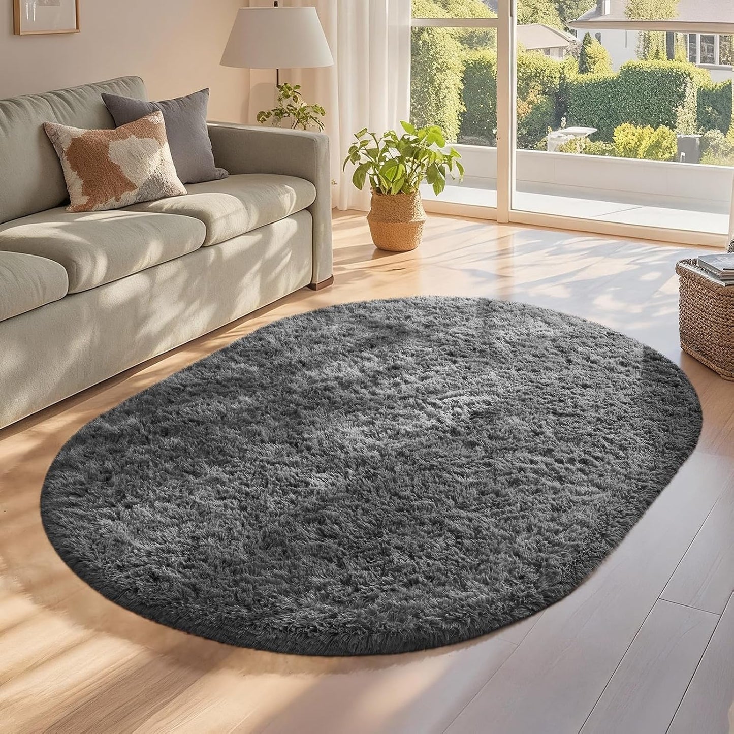 Ophanie 3x5 Oval Rug - Non-Slip Grey Area Rug for Bedroom & Dorm | Fluffy Home Decor Essentials