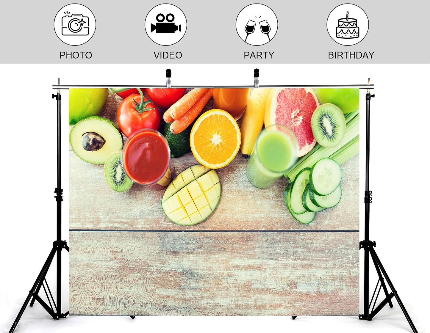 KeyWork 10x7ft Fresh Fruit Smoothie Backdrop Colorful Produce Wooden Table Photography Background for Healthy Themed