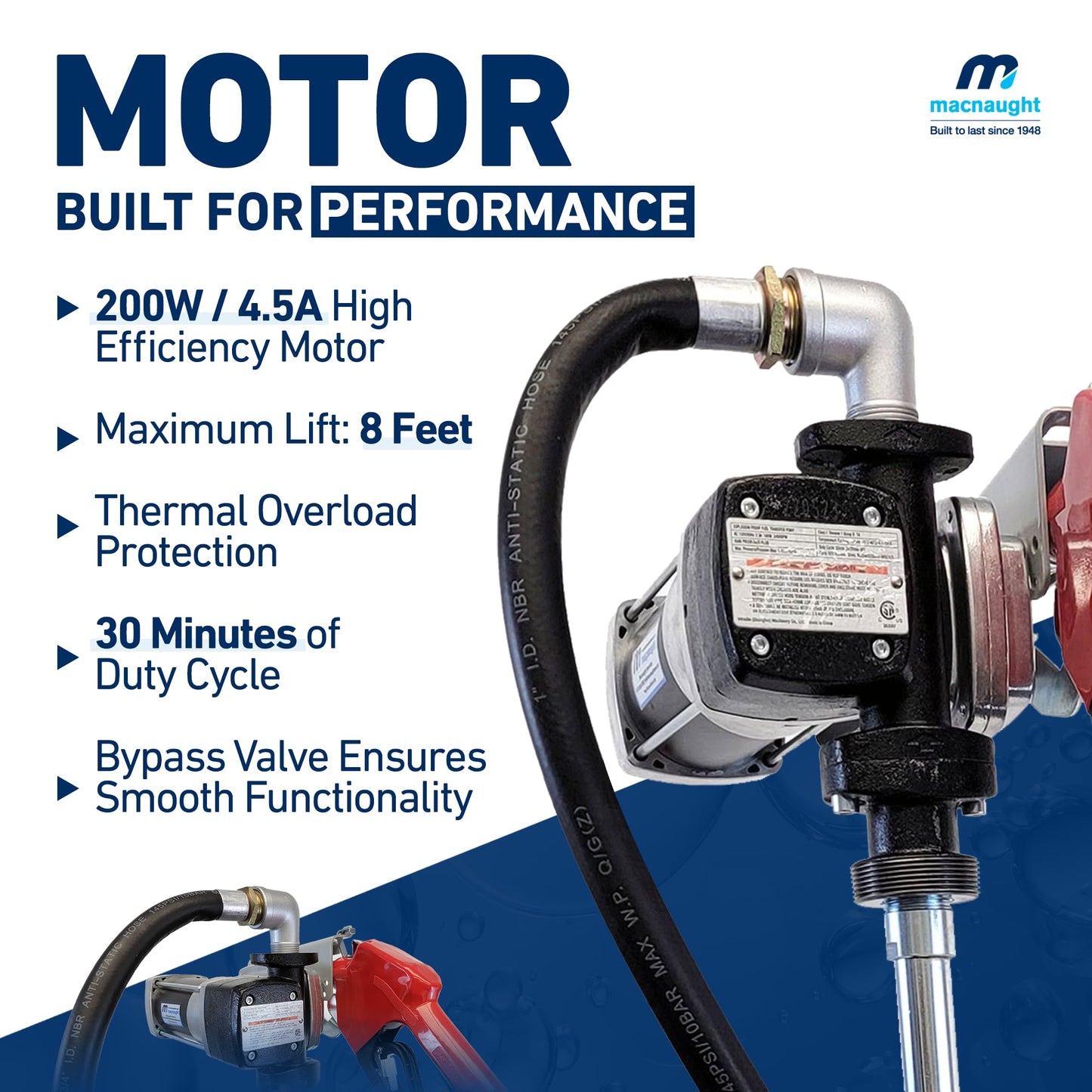 Macnaught Fuel Transfer Pump M3 120V, 20 GPM 1" High Flow Fuel Pump, Auto Shut-Off, Nozzle, Discharge Hose, Expandable to 36" Length, CSA Certified for Gasoline, Diesel, Kerosene, Mineral Spirits