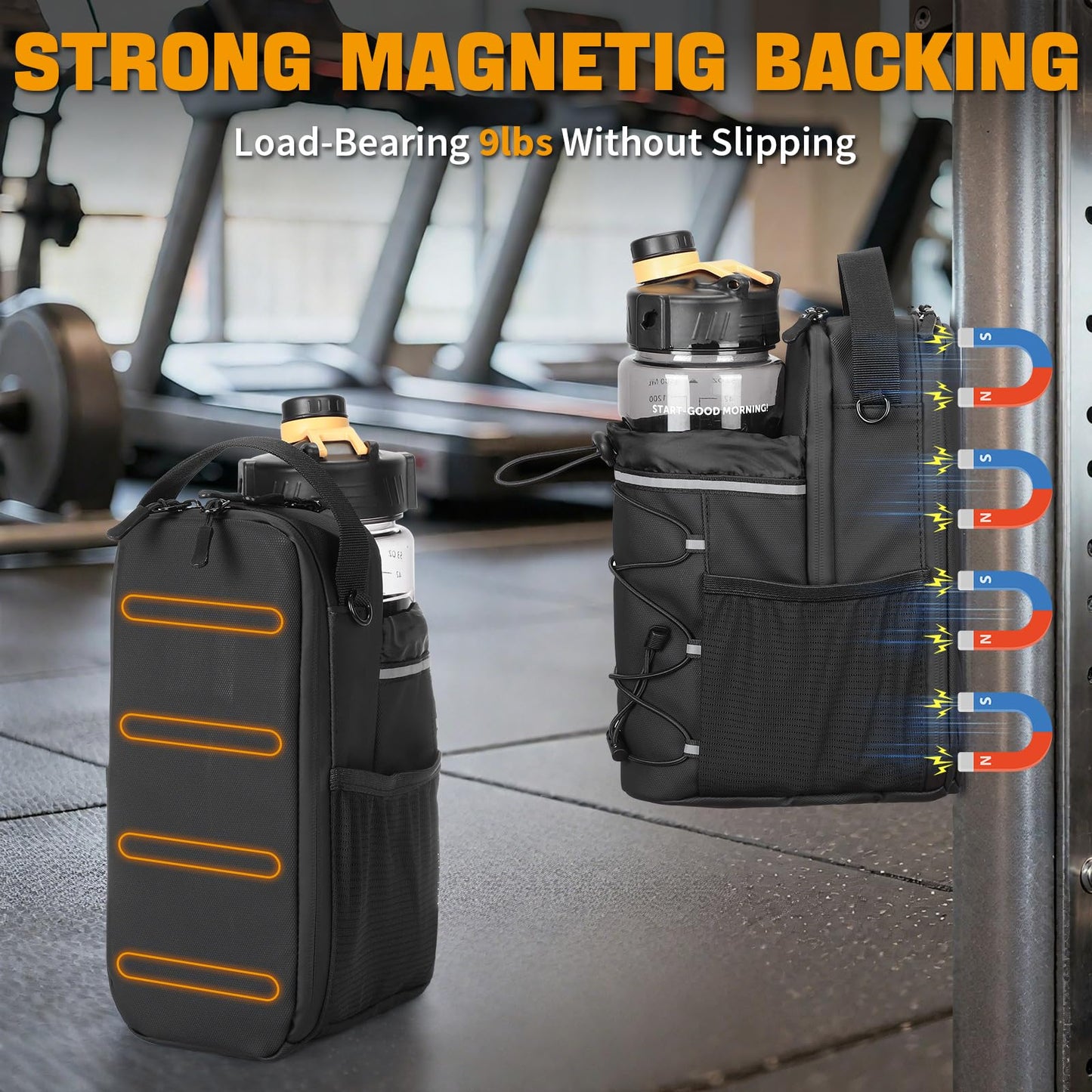 HUNTVP Magnetic Gym Bag Water Bottle Carrier Holder with Shoulder Strap & Phone Pockets, 64oz Large Magnetic Water Bottle Bag Pouch for Gym Fitness Accessories for Men and Women (4 Strong Magnets)