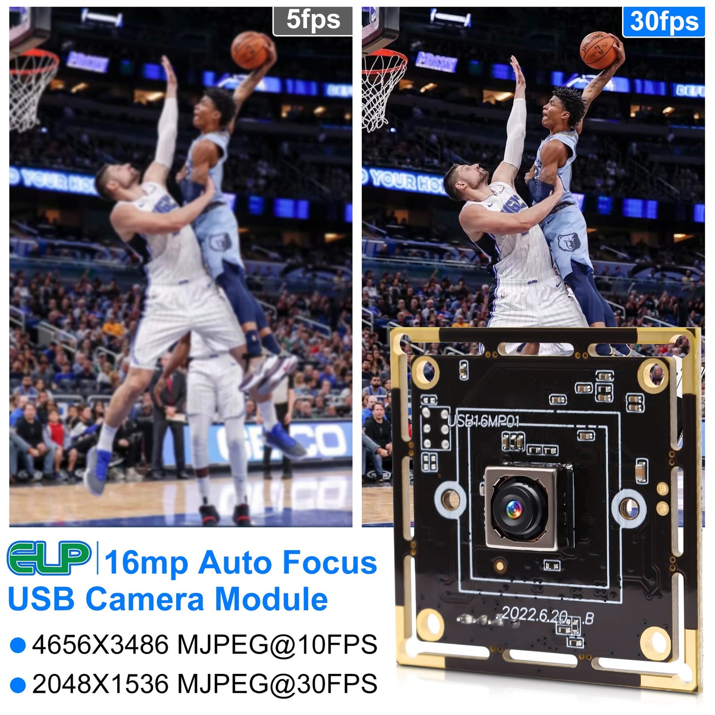 ELP 16MP Autofocus USB Camera Module - 4K UVC USB2.0 With 68-Degree Mini Size Lens IMX298 for Computer, Laptop, PC - Video Lightburn Industrial Embedded Webcam Board