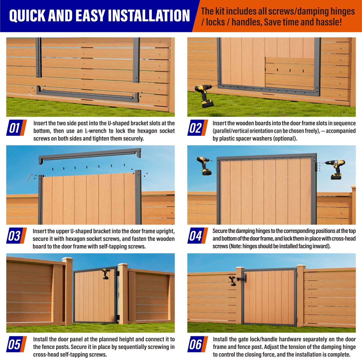 Prinfort 4x4FT (46.78"W X 47.2"H) 201 Stainless Steel Anti Sag Wooden Fence Gate Kit Heavy Duty Garden Gate Frame Hardware Kit Reinforcement (Left/Right Free-Installation)