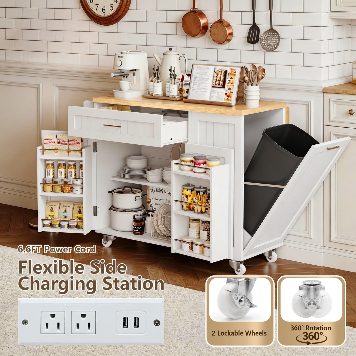 TEROL Kitchen Island with Outlet, Rolling Kitchen Cart Storage on Wheels with Drop Leaf, Trash Can Area, Spice Rack, Towel Bar, Adjustable Shelf, Drawer, Mobile Island Table for Kitchen