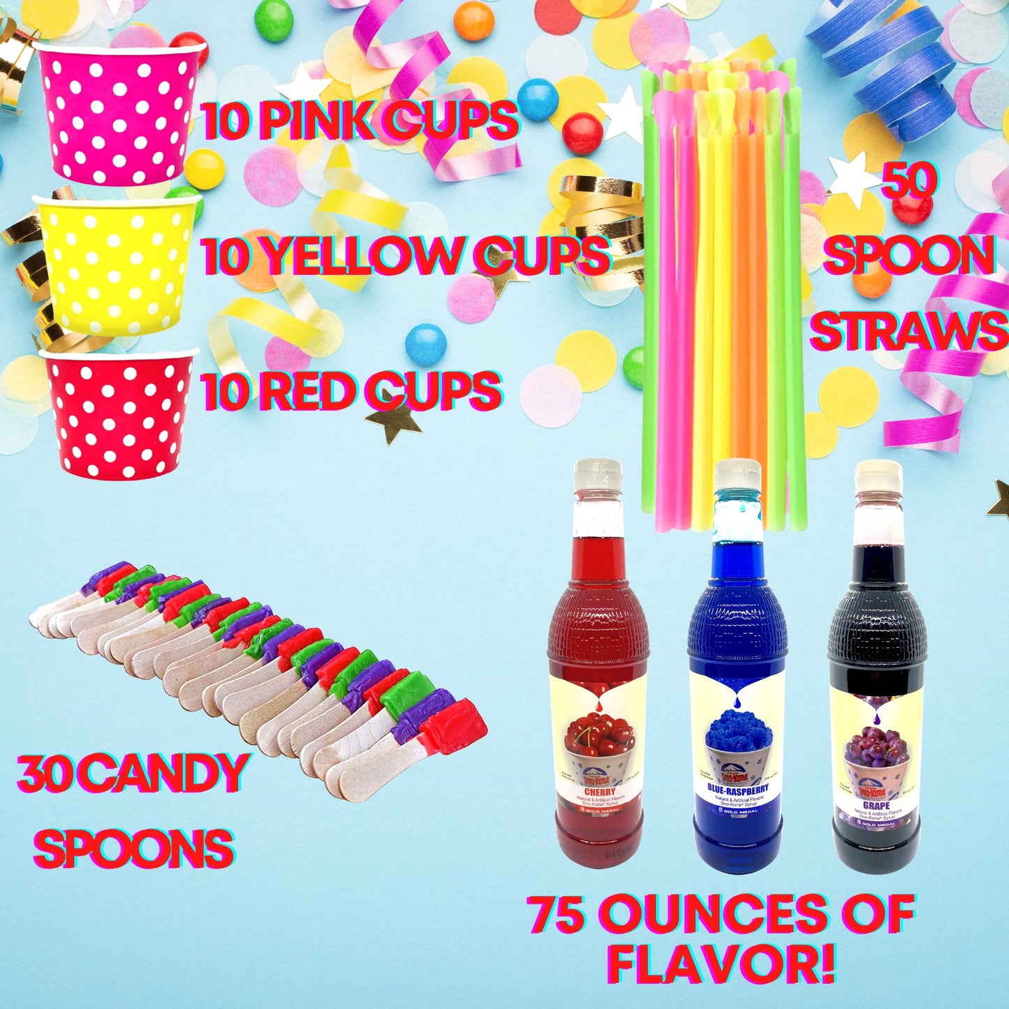 Concession Essentials 115 Piece Snow Cone/Shaved Ice Kit with 75 Ounces of Syrup, Cups, Neon Straws and Bonus Candy Spoons