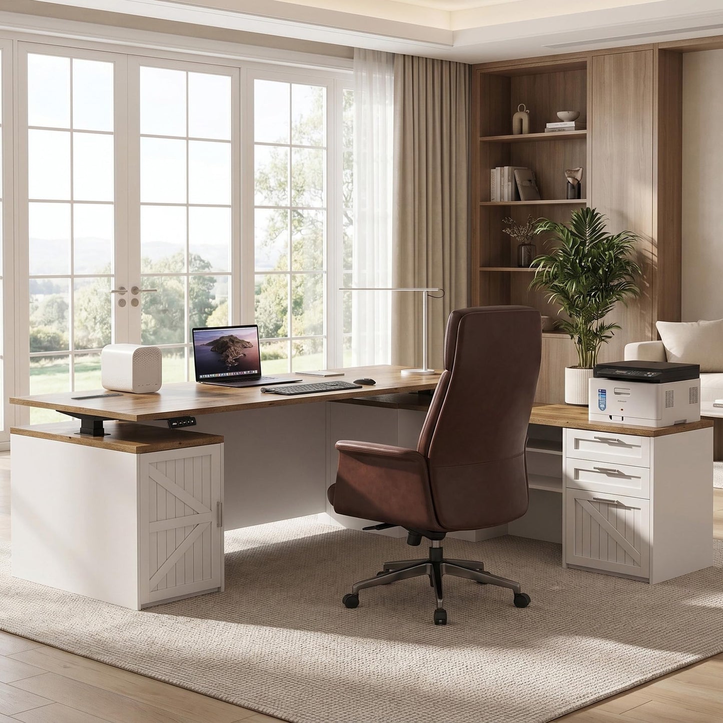 ZIMASYA 71" L Shaped Executive Desk with File Cabinet Drawers Outlet USB,Height Adjustable Office Desk Privacy Panel Sit-Stand Workstation for Boss Managers Home Farmhouse, Walnut & White