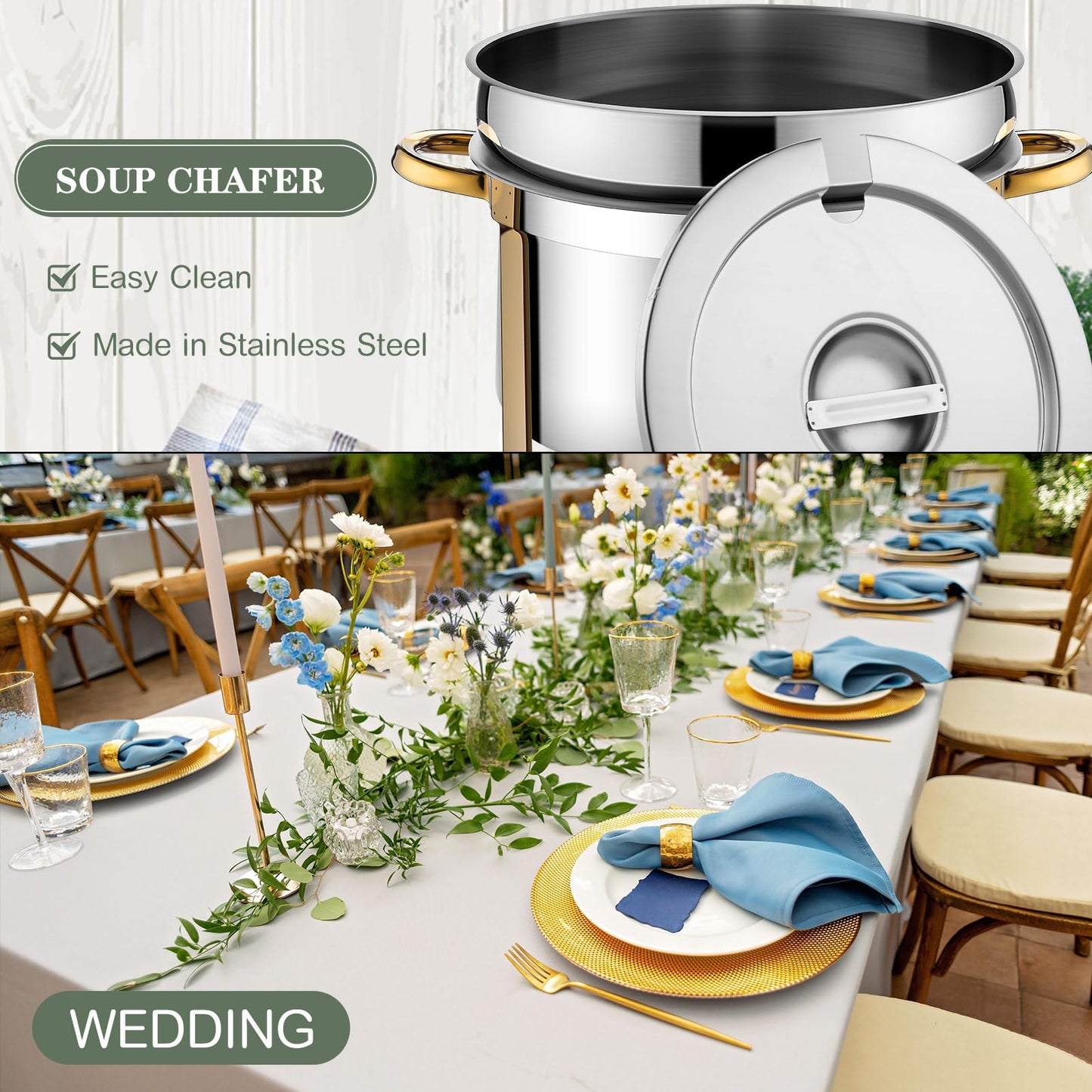 Reallnaive 4 Pack Soup Chafer 11 QT Stainless Steel Round Soup Warmer with Pot Lid and Fuel Holder Commercial Large Marmite Food Warmer for Catering Parties Wedding Banquets Events