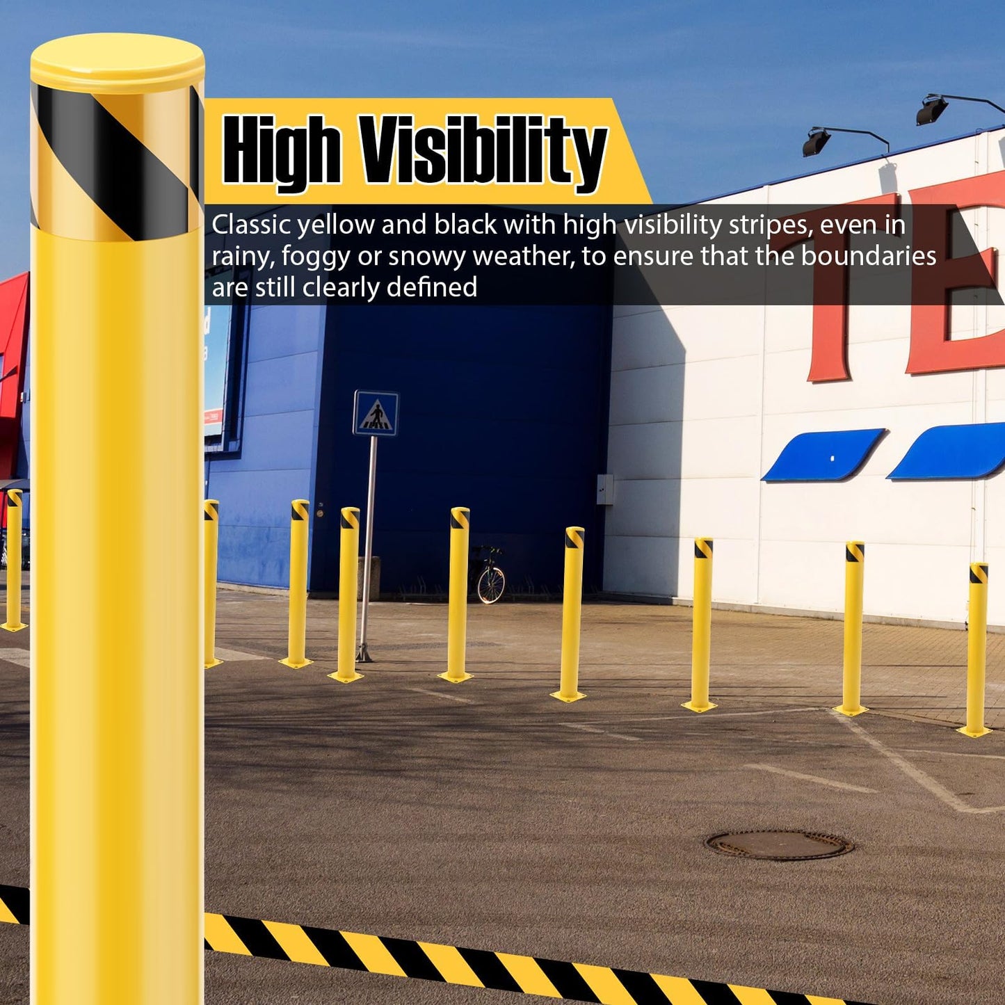 6 Pack fety Bollard, 30 x 4.5 Inch Steel Bollard Post, Yellow Parking Post, Removable Safety Barrier with Anchor Bolts, High Visibility Driveway Barrier for Construction, Traffic Control, Warehouses