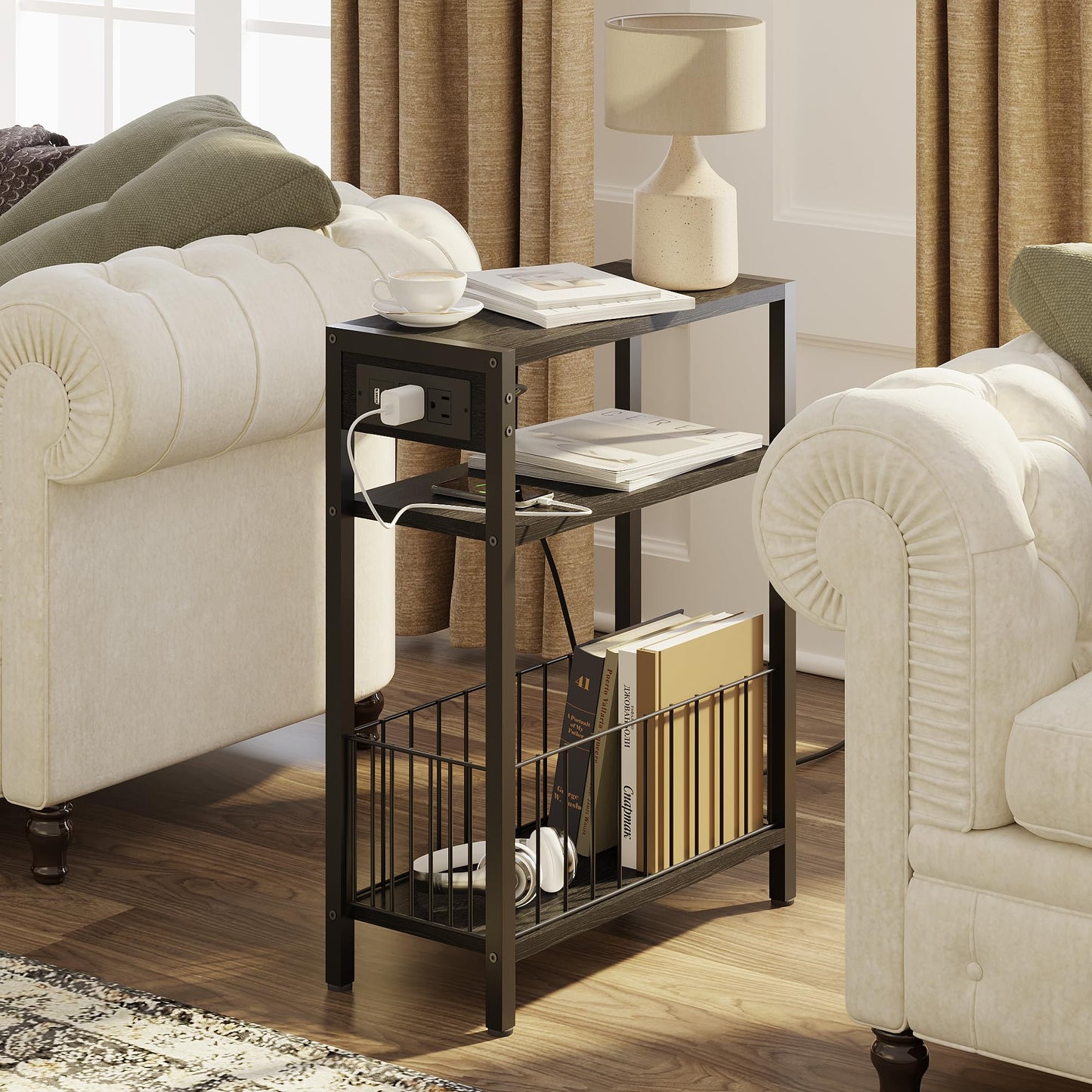 TRIFEBLE Narrow Side Table with Charging Station, Small End Table for Small Spaces, Slim Nightstand with Storage Basket, 3 Tier Skinny Bedside Table for Living Room, Bedroom, Black