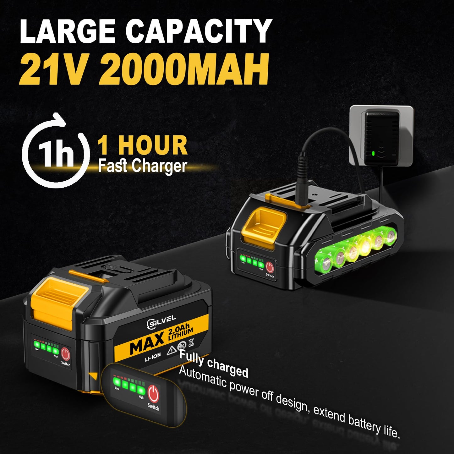 SILVEL 2" Cordless Brad Nailer, 2-in-1 21V Electric Brad Nailer with 2 * 2.0Ah Battery, 1000pcs Nails, 18GA Staples, Adjustable Depth for Woodworking, Home Improvement, yellow