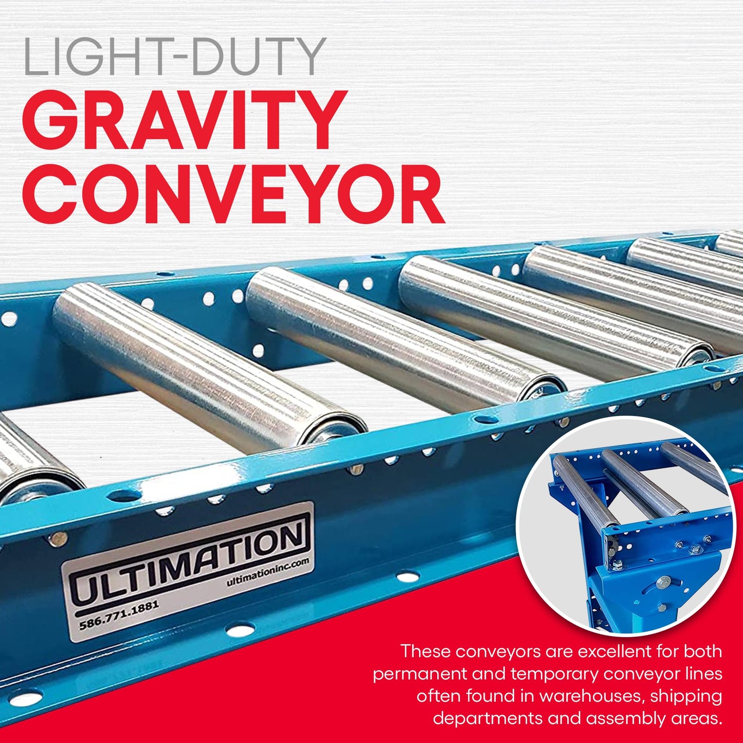 Ultimation Light-Duty Gravity Conveyor with 1.5" Diameter Galvanized Steel Rollers, 12" Wide by 5' Long Steel Frame & 4-1/2" Centers, Durability & Versatility in Warehouses, Factories, & DIY Projects