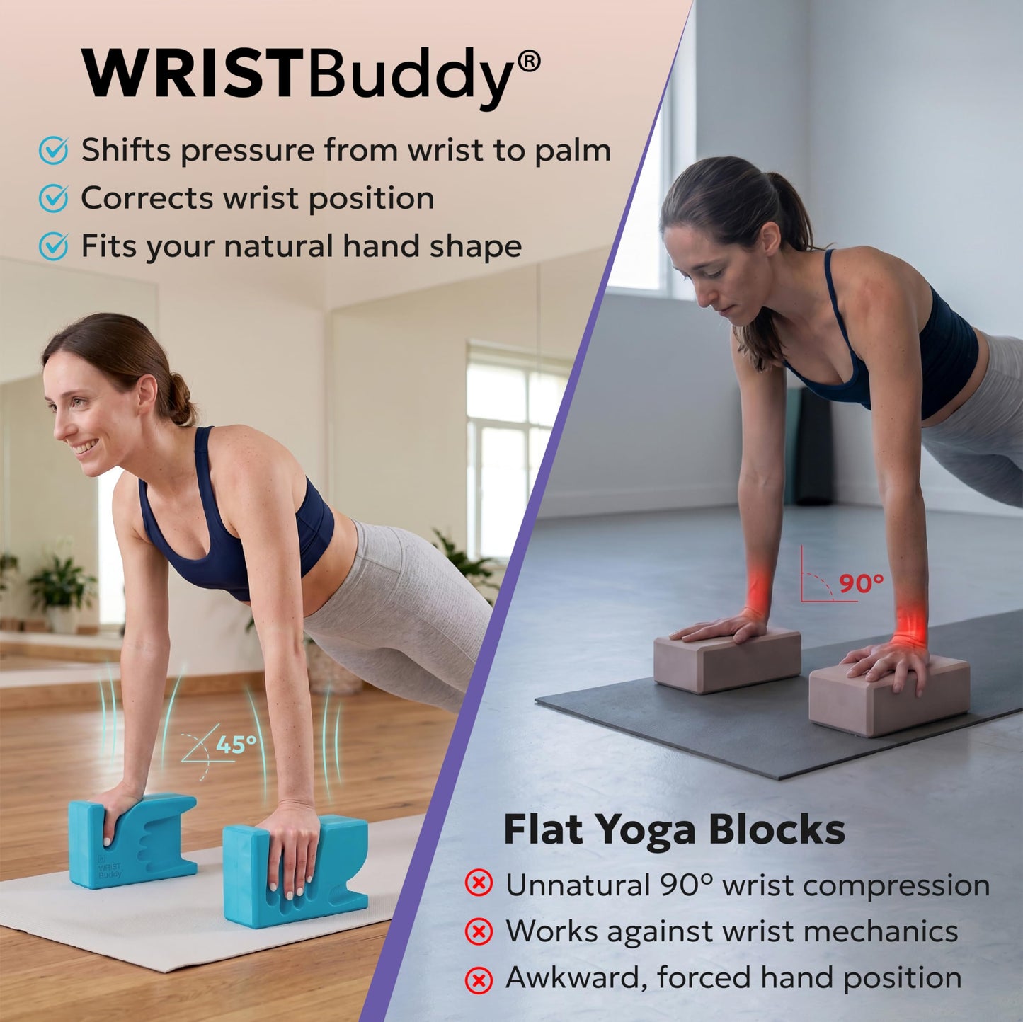 WRISTBuddy® Hand-Shaped Ergonomic Yoga Blocks for Optimal Wrist Support During Yoga, Pilates, Pushups, Planks and Handstands. Patented Non-Slip Blocks for Enhanced Stability and Comfort.