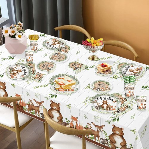 179pcs Woodland Baby Shower Decorations Include Woodland Plates and Napkins Set, Banner, Hanging, Tablecloth, Cupcake Topper, Balloon, for Neutral Forest Animal Baby Shower Decor, Serves 25
