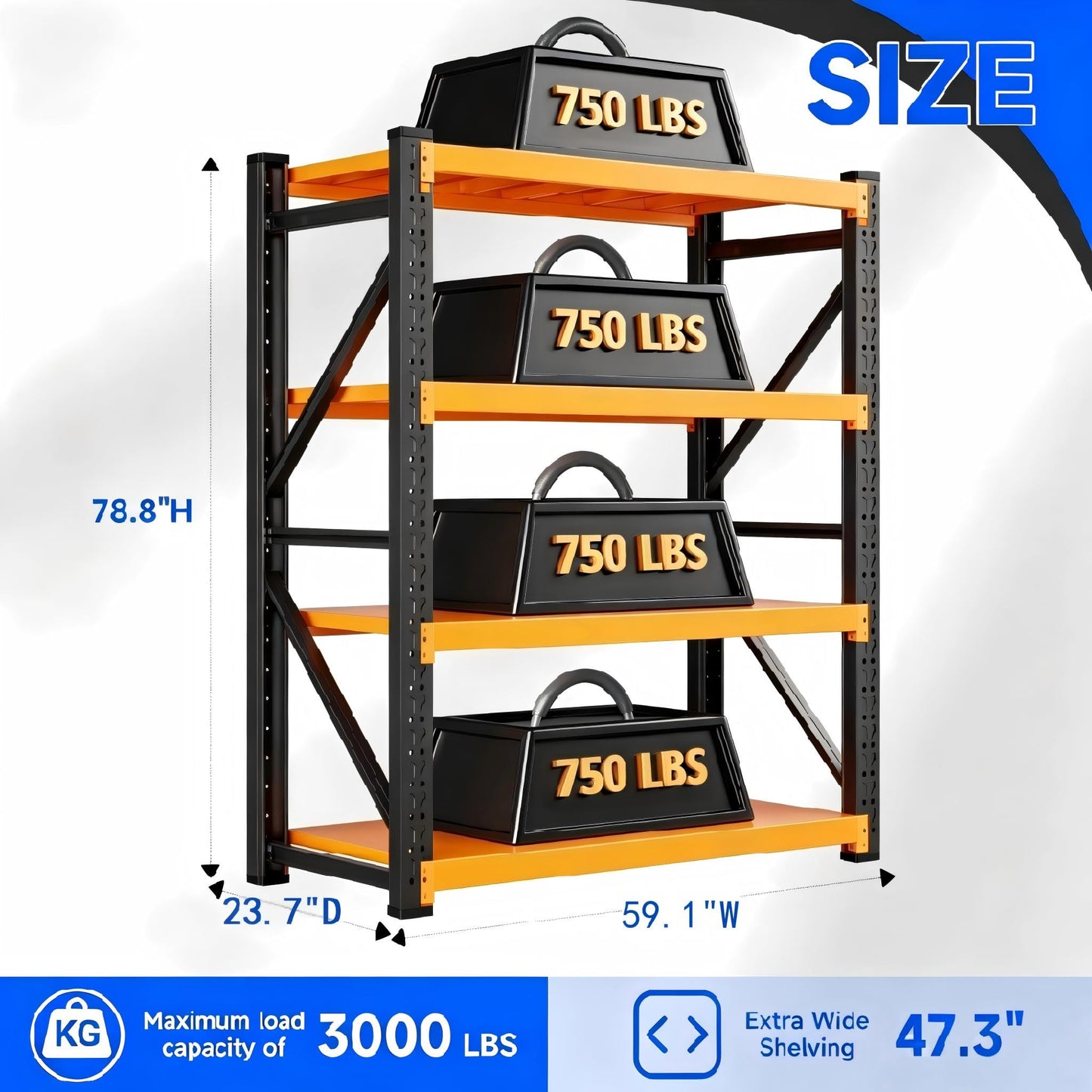 Kobito 59" W Garage Storage Shelves,3000LBS Garage Shelving Heavy Duty Adjustable Shelving Unit,4 Tier Metal Utitly Shelves Industrial Shelving for Warehouses,Basement,Black-Orange