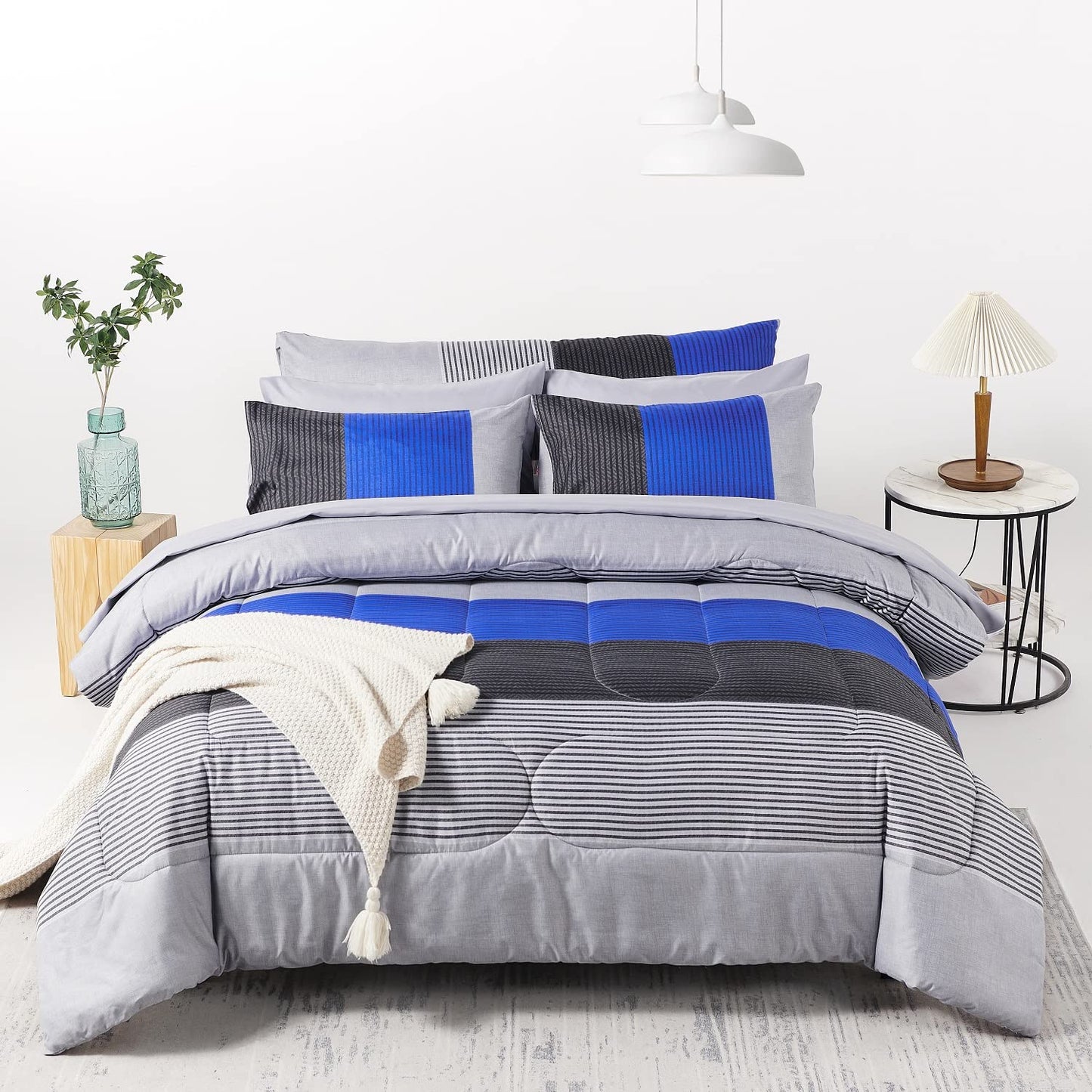 RYNGHIPY 8Pcs Blue and Grey Stripe Comforter Set Full Size, Ultra Soft Microfiber Filling Patchwork Comforter Duvet, Bed Sheets and Pillowcases (Full,Blue Grey)