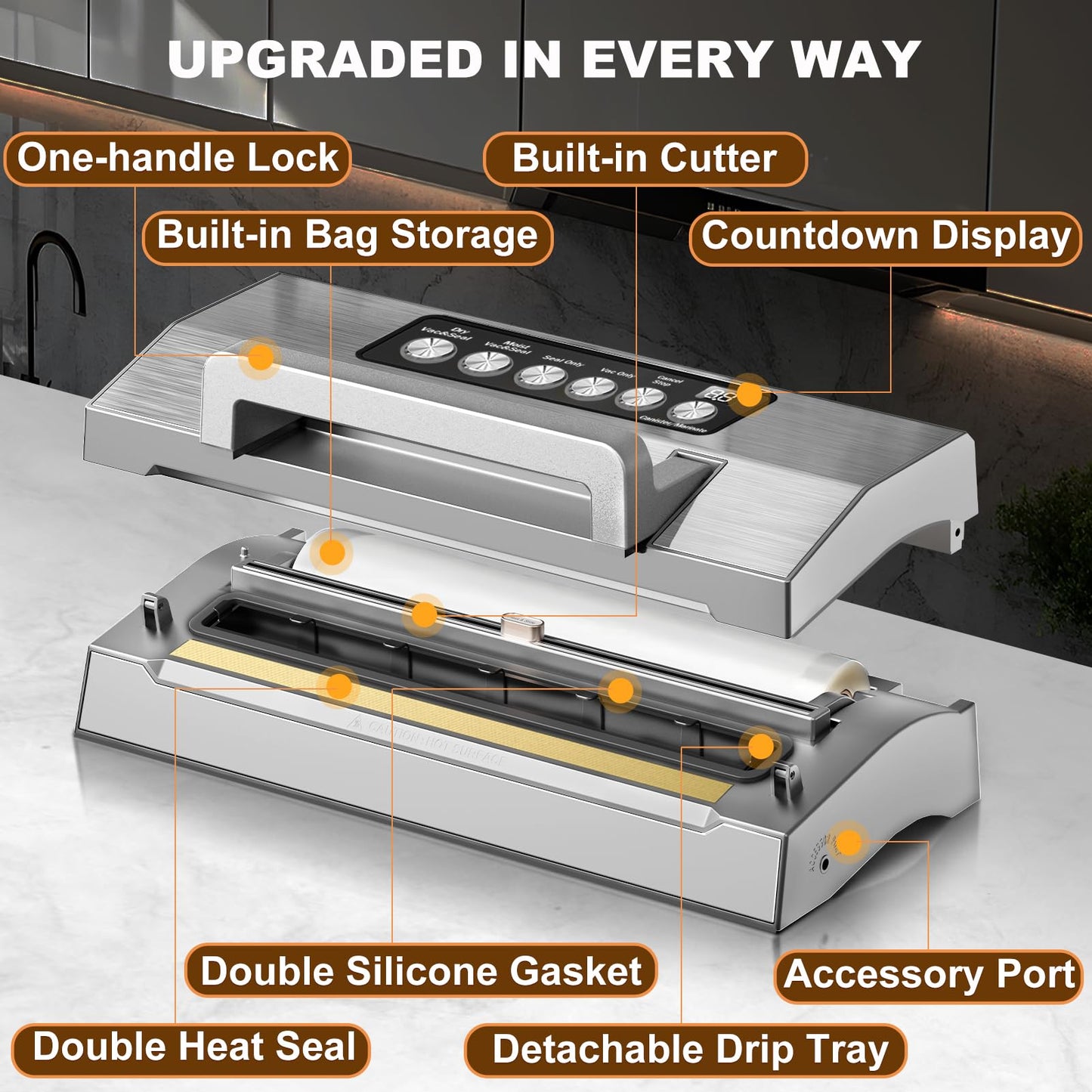 Precision Food Vacuum Sealer Machine, POWOT Fully Automatic Vacuum Sealing System, Commercial Food Vacuum Saver Pro, Double Heat Seal, Easy-Lock Handle, Built-in Cutter&Bag Storage, Hose&Bag Rolls