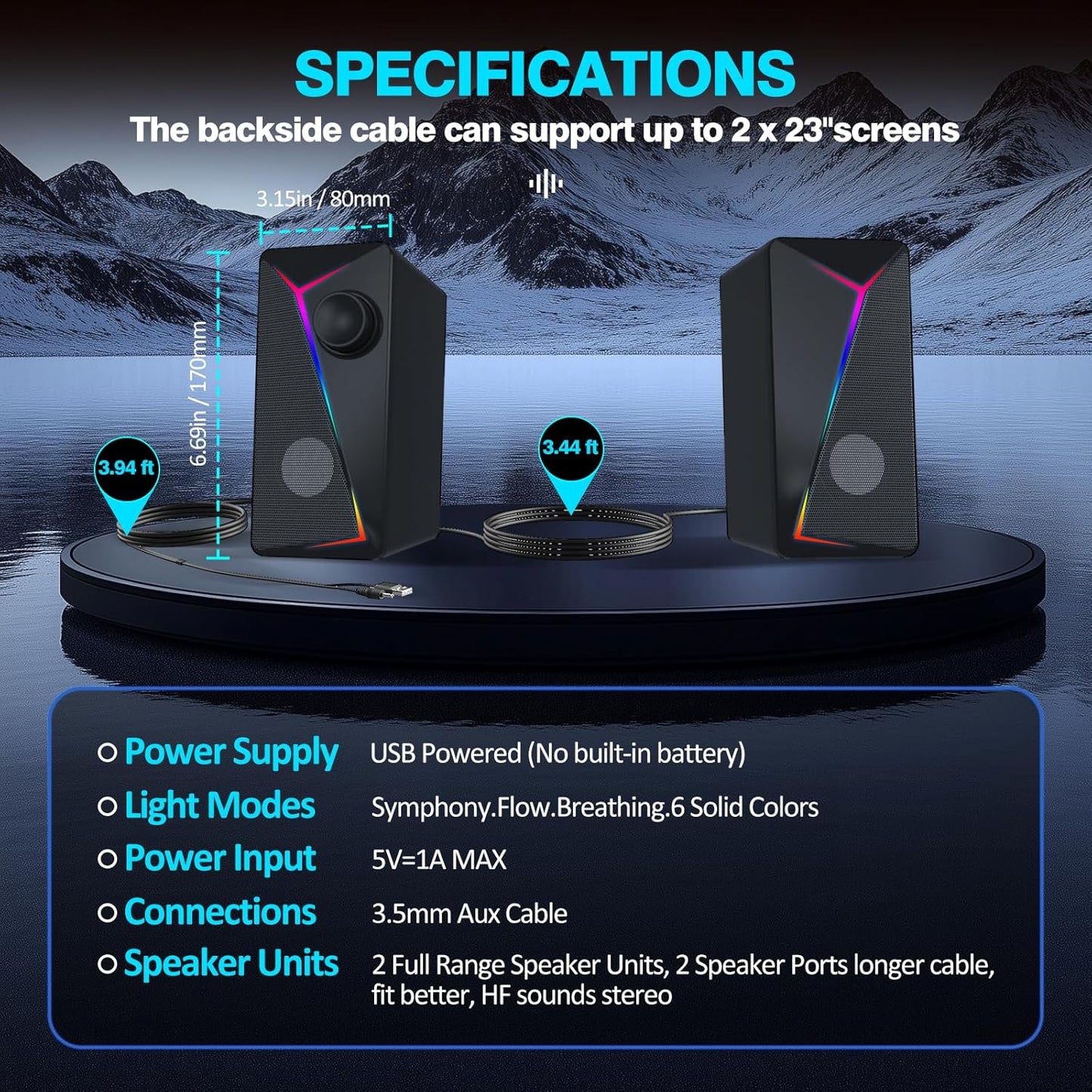 AYJBKL 3.5mm Computer Speakers for Desktop PC, USB-Powered Gaming Speakers for Laptop Multi Colorful LED Backlight