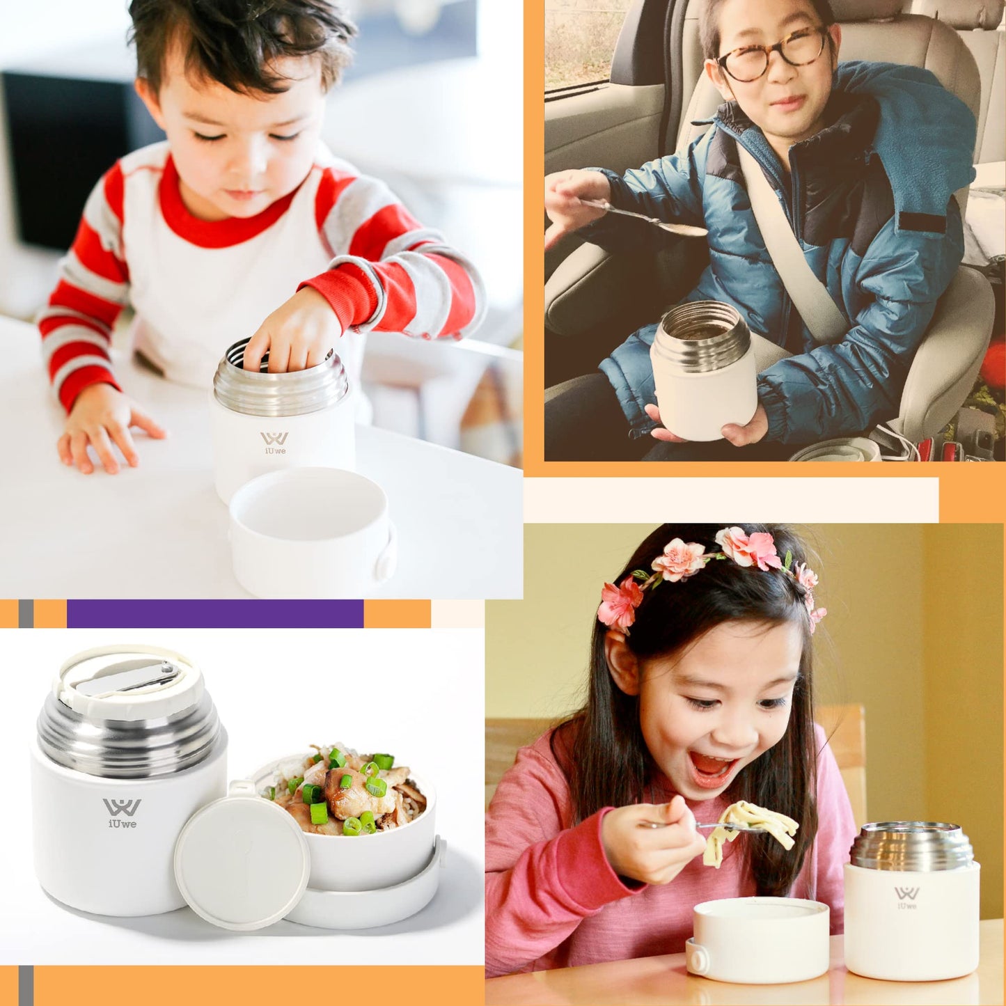 iUwe 16oz Food Thermos for Hot Food Kids Lunch Container with Spoon. 316L Stainless Steel Small Thermal School Lunchbox Leak Proof Travel Soup Thermos Insulated Food Jar for Adult Camping. (White)