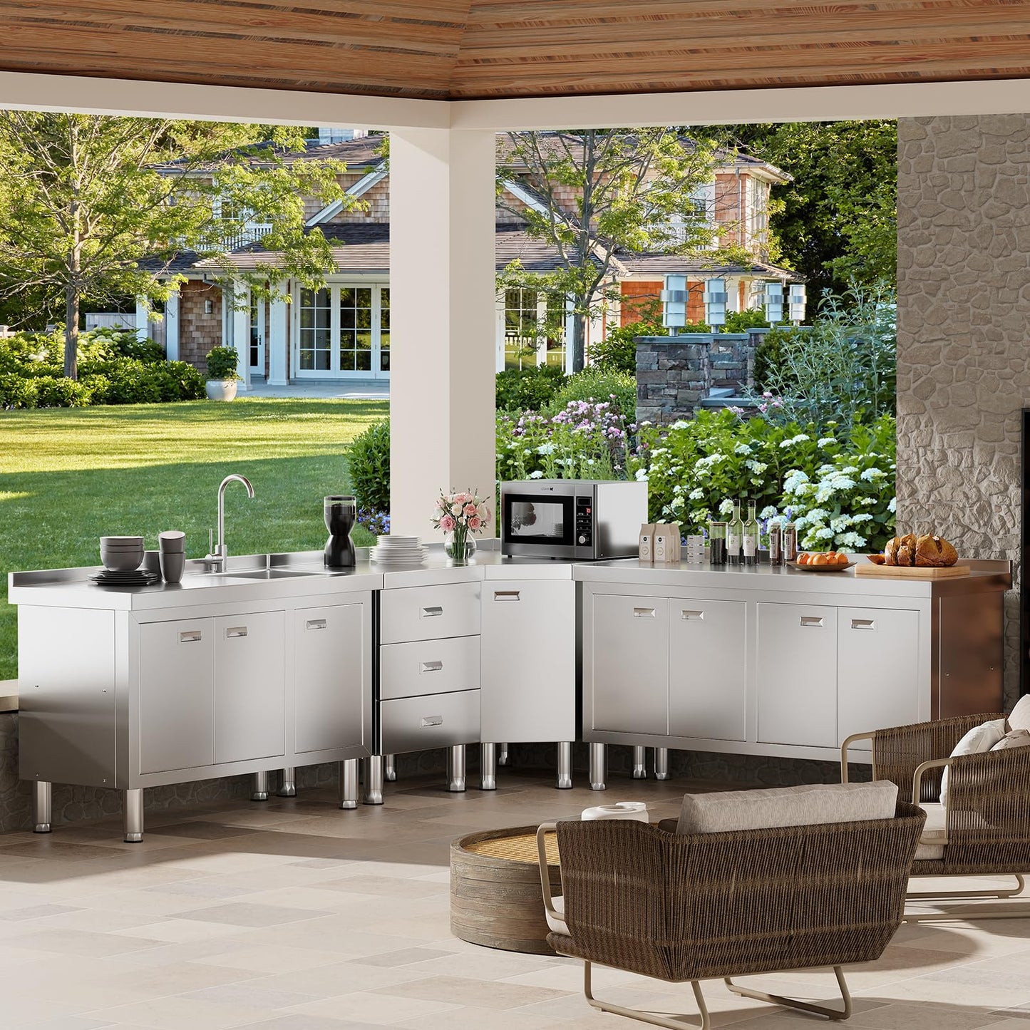 WWK 47" x 21" Stainless Steel Sink with Cabinet, Freestanding Utility Sink Laundry Sink, Heavy Duty Commercial Kitchen Sink for Outdoor, Restaurant, Hotel, Cafe, and Garage, 21D x 47W x 35H inches