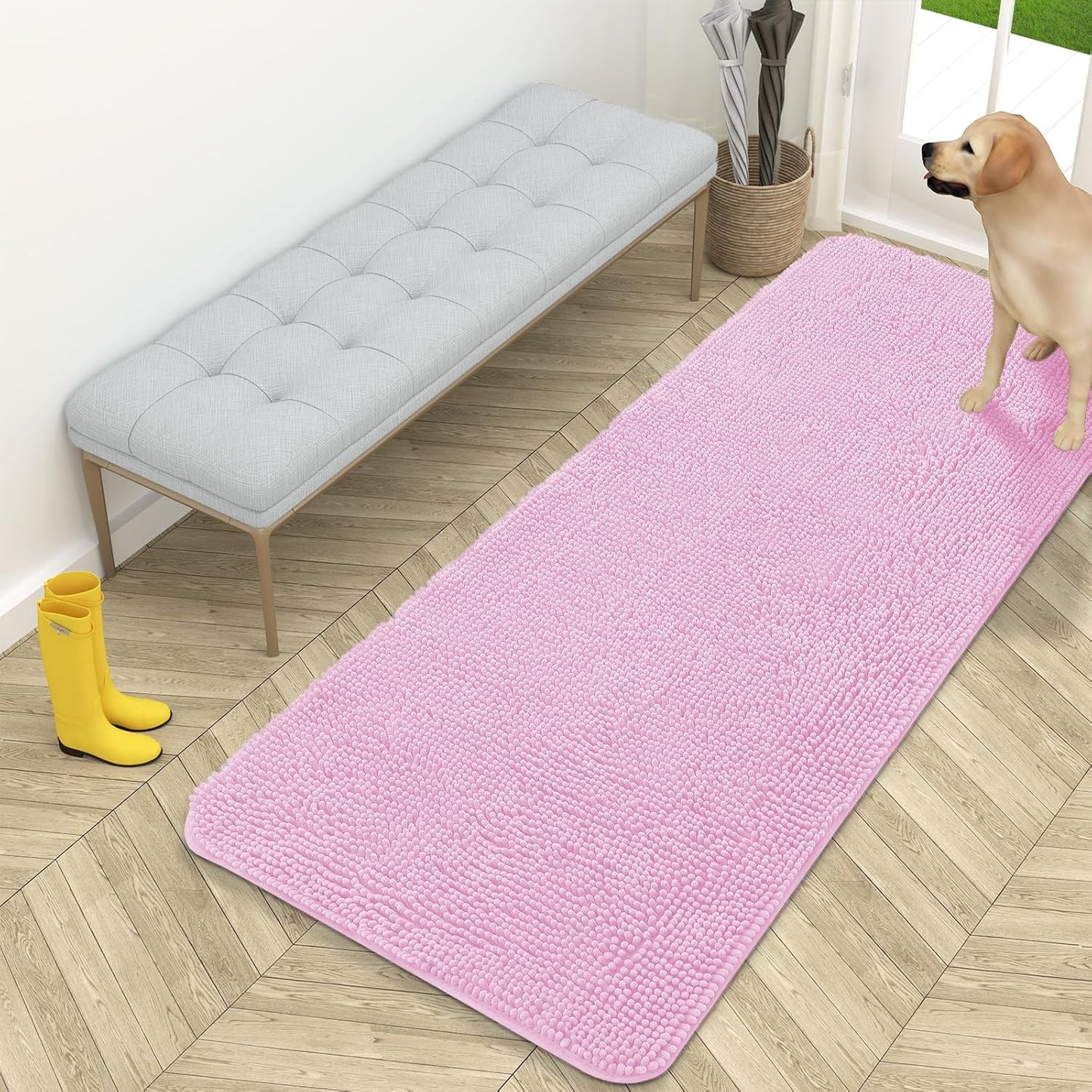 OLANLY Dog Door Mat - Absorbent Non-Slip Chenille Mat for Muddy Paws | 59x24 Inches, Pink