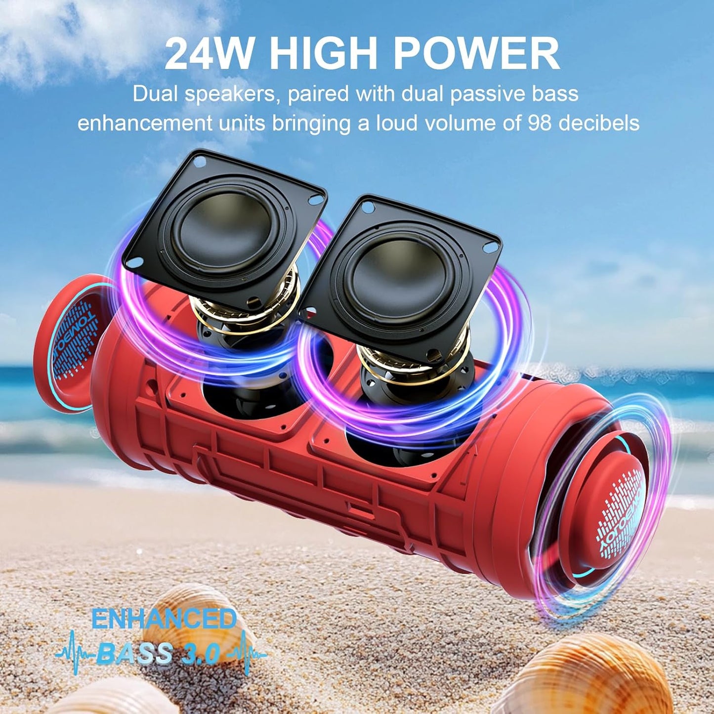 YOLOEMOT IPX7 24W 5.3, 12 Bluetooth Speaker Waterproof, Beach Speaker Waterproof Sandproof with Loud Stereo Sound