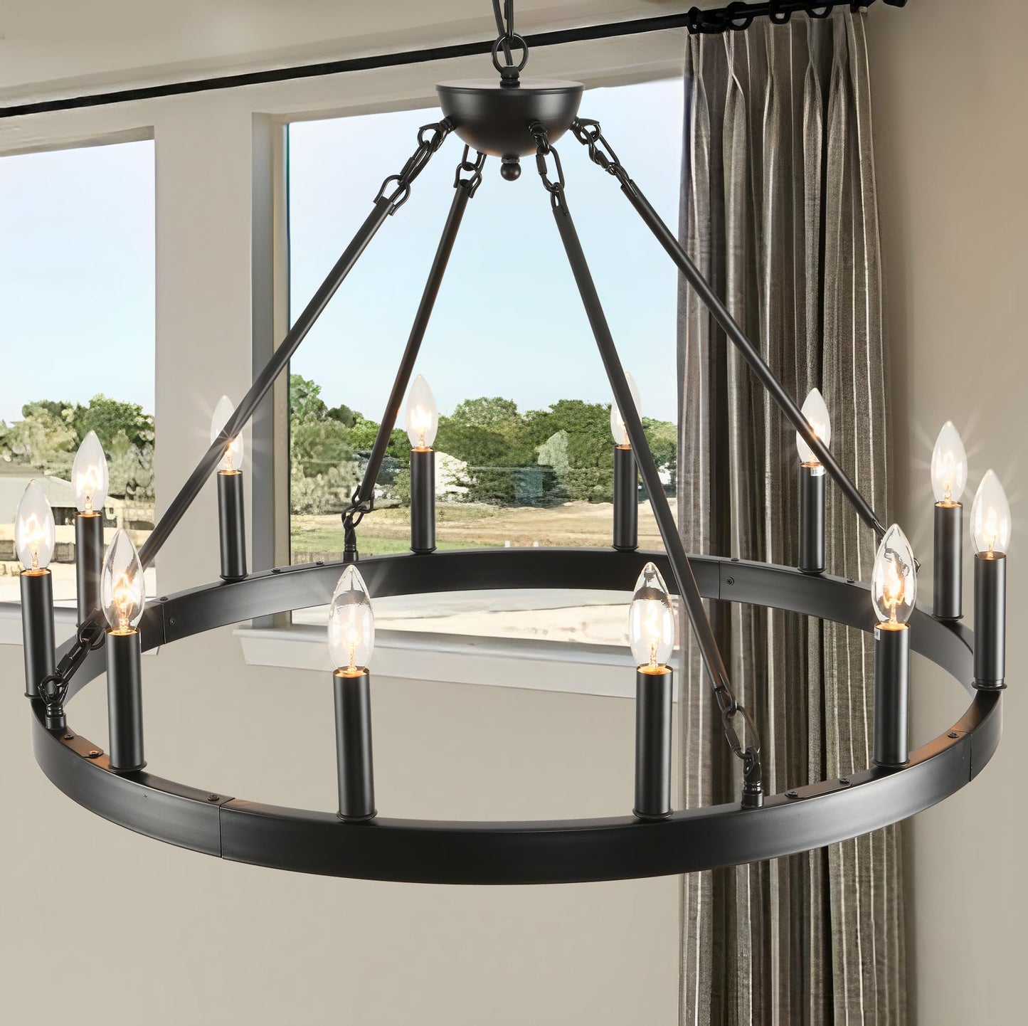 ZBMYRBZJ Black Wagon Wheel Chandelier 32 inch,12-Light Farmhouse Wagon Wheel Chandeliers Round Industrial Ceiling Light fixtures for Porch high Ceilings Living Dining Room Foyer Entryway