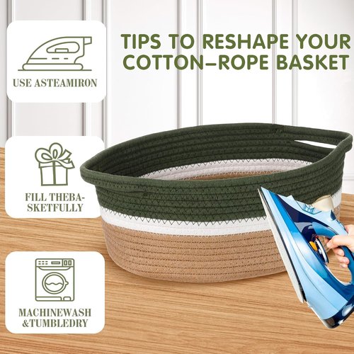 Colingmill Woven Gift Basket - Decorative Storage Box with Ribbons & Handles | 14 x 10 x 5.5 Inch, Green Khaki