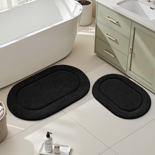 HOMEIDEAS Bathroom Rugs Sets 2 Piece, Small Bathroom Rugs, Soft, Absorbent Microfiber Mats, Machine Washable Bath Mats for Shower Room, Bathtub, Kitchen (20" x 32" + 16" x 24", Black)