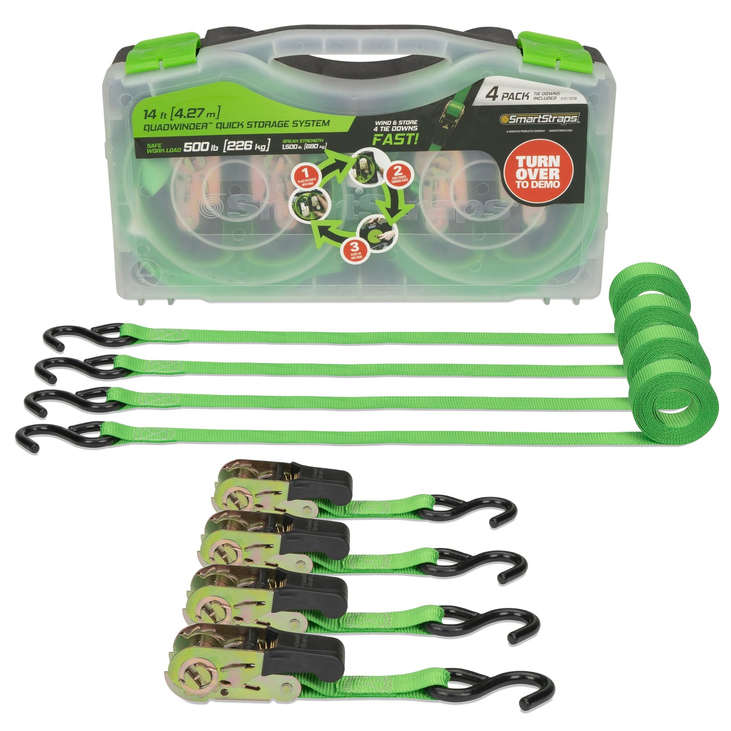 SMARTSTRAPS - 101W QuadWinder 14’ Padded Ratchet Tie Down, Green (4pk) - Patented Self-Loading Storage Case - 1,500lb Break Strength, 500lb Safe Work Load – Haul Lighter Loads Like ATV’s, Mowers and More
