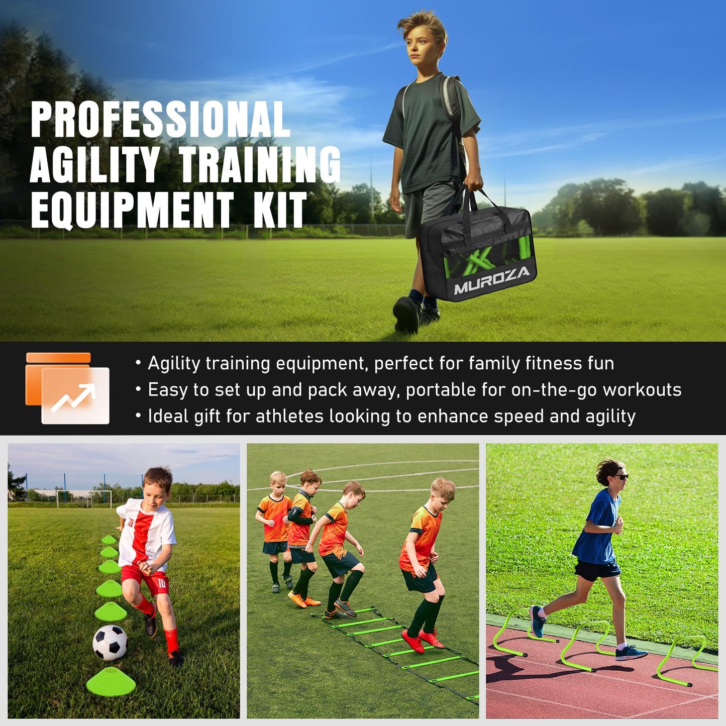 Agility Ladder Speed Training Equipment Set-20ft Agility Ladder,12 Soccer Cones,4 Hurdles, Jump Rope, Running Parachute, Basketball Football Soccer Training Equipment for Kids, Youth, Adults(green)