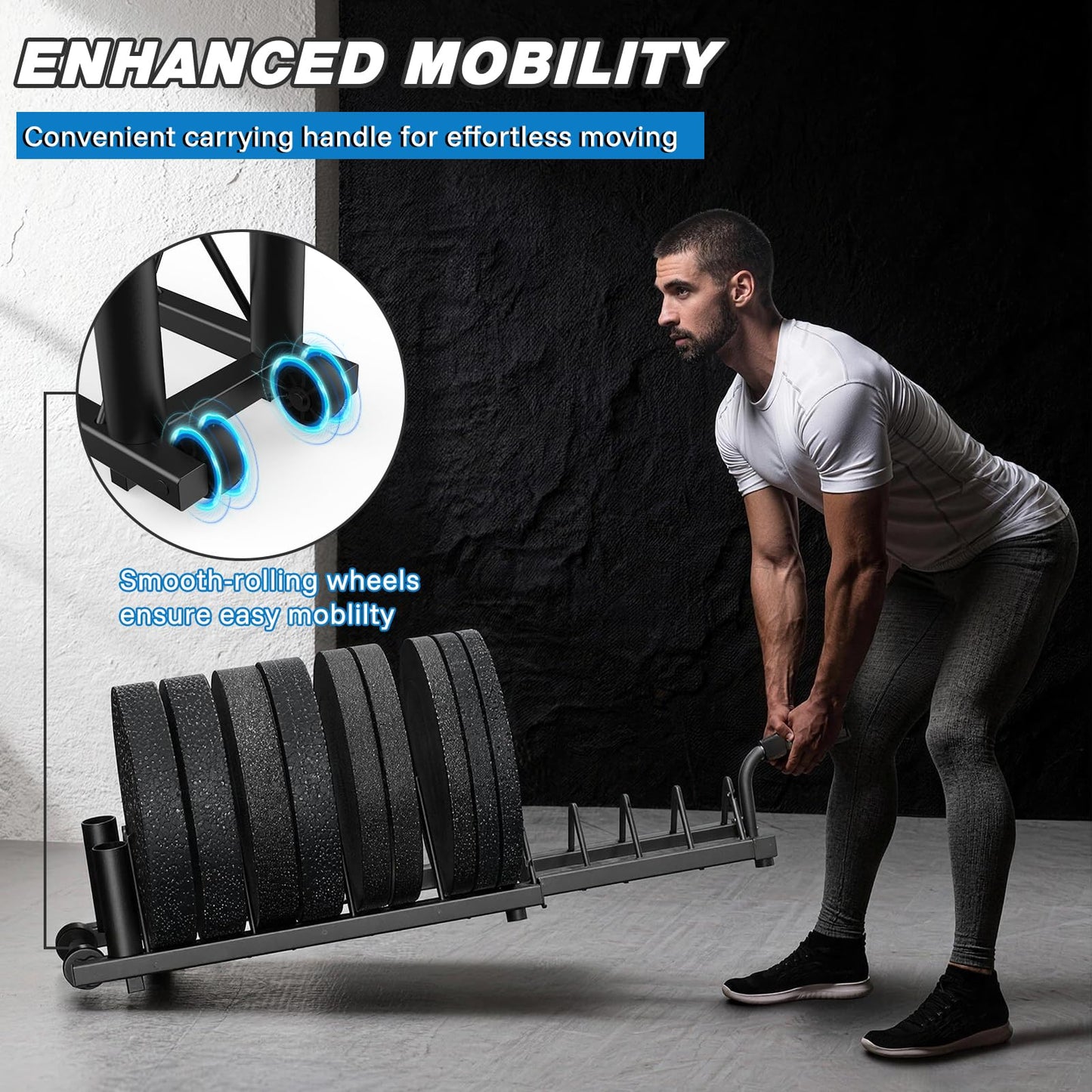 BEKING Horizontal Weight Plates Rack, Weight Rack for Weight Plates & Olympic Bars,Barbell Bumper Plate Holder with Handle and Rolling Wheels,Portable Gym Organizer with Fractional Weight Section for 1-Inch&2-Inch Plates