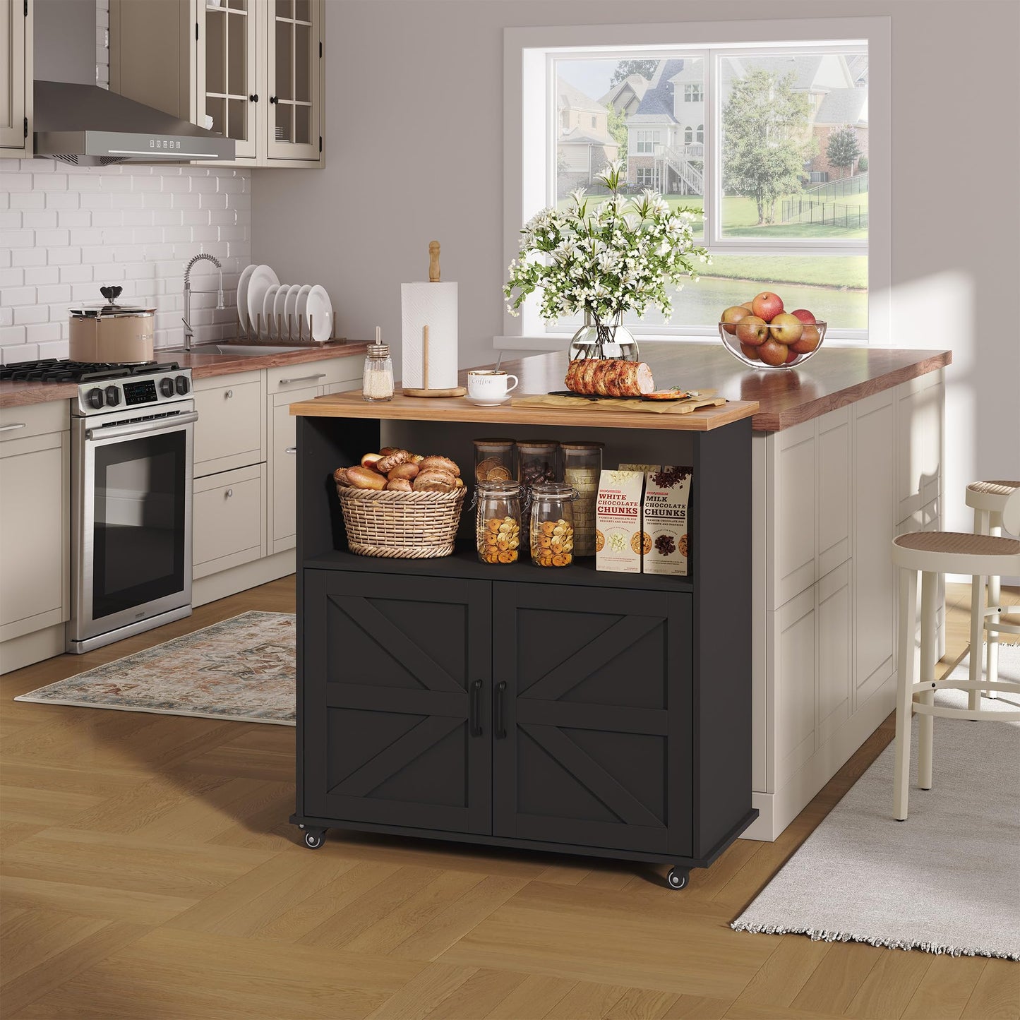 GarveeLife Rolling Kitchen Island with Storage Cabinet, 40.4'' Width Kitchen Cart, Portable Mobile Kitchen Island with Towel Rack, Wood Top and Lockable Wheels for Kitchen, Dining Room