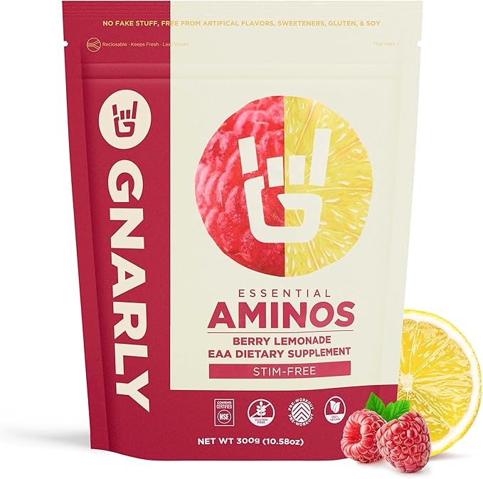 Gnarly Nutrition Essential Aminos Powder, Berry Lemonade ??Pre-Workout Amino Acids ??NSF Contents Certified ??Supplement to Support and Rebuild Muscle ??Berry Lemonade Caffeine Free, 10.58 oz
