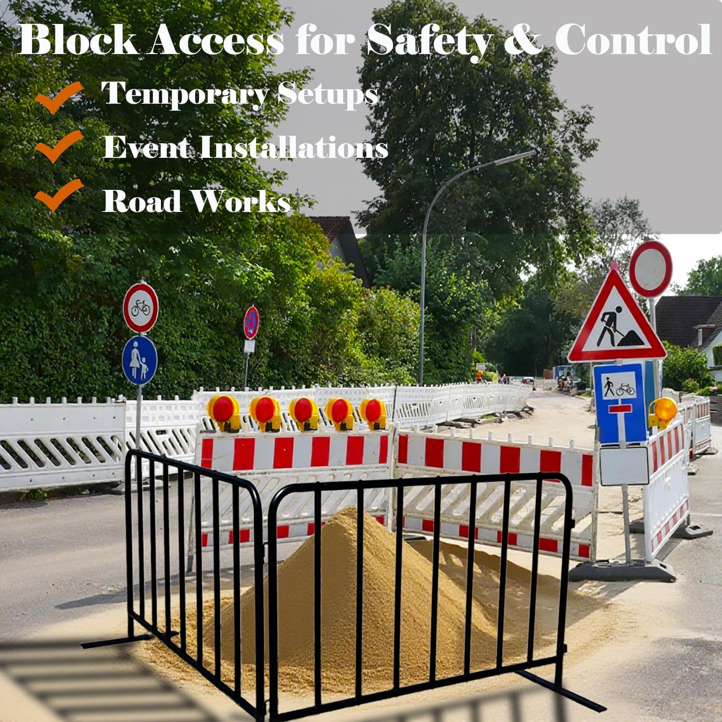 BIGalleons 2-Pack Steel Crowd Control Barrier, Light Duty 5FT Interlocking Safety Barricade, 16GA Galvanized Steel Queue Barrier, Assembly Needed for Pedestrian Traffic & Construction Barricade（Black）
