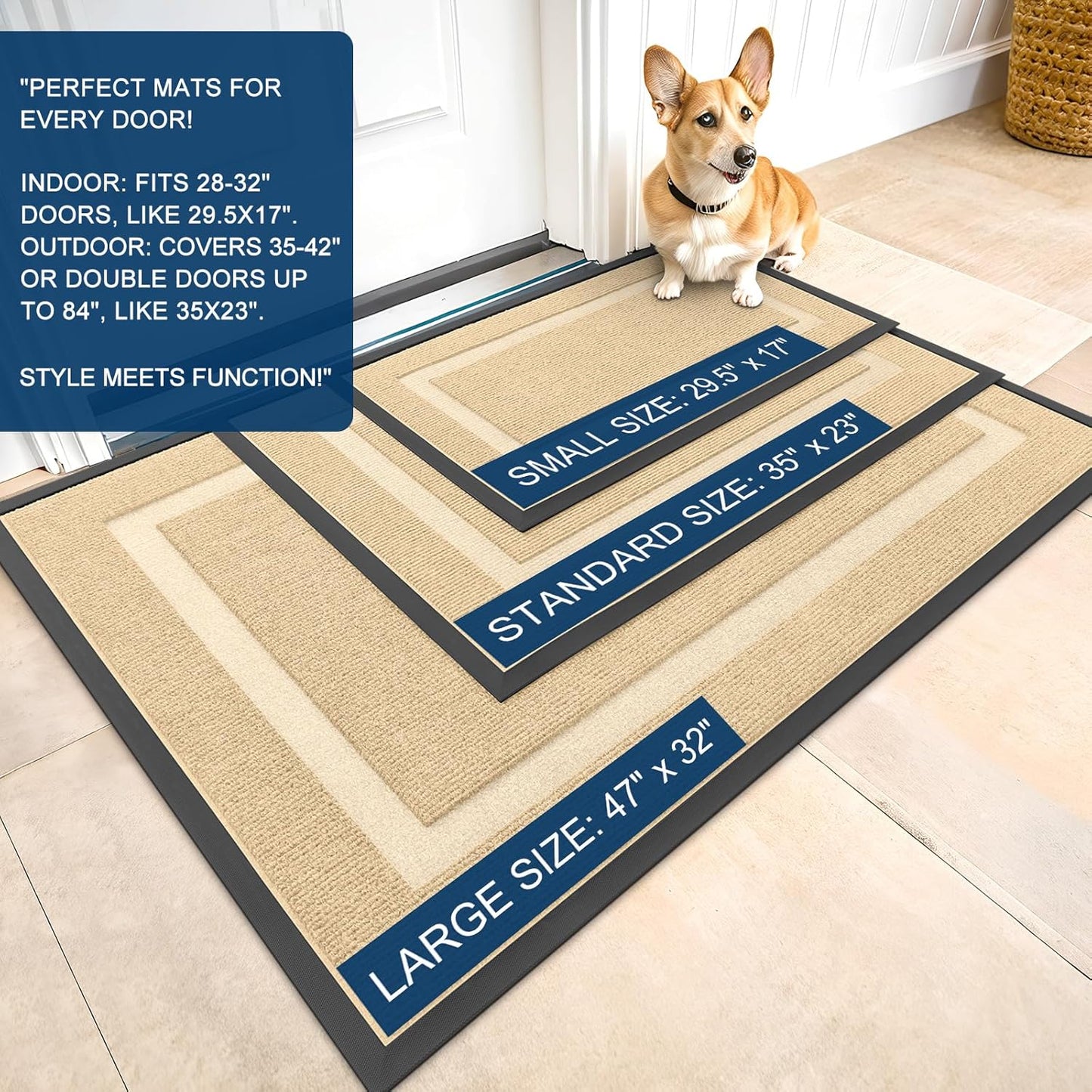 OLANLY Indoor Outdoor Front Door Mat - Waterproof, All-Weather, Easy Clean | Sturdy Natural Rubber, 71x23, Beige