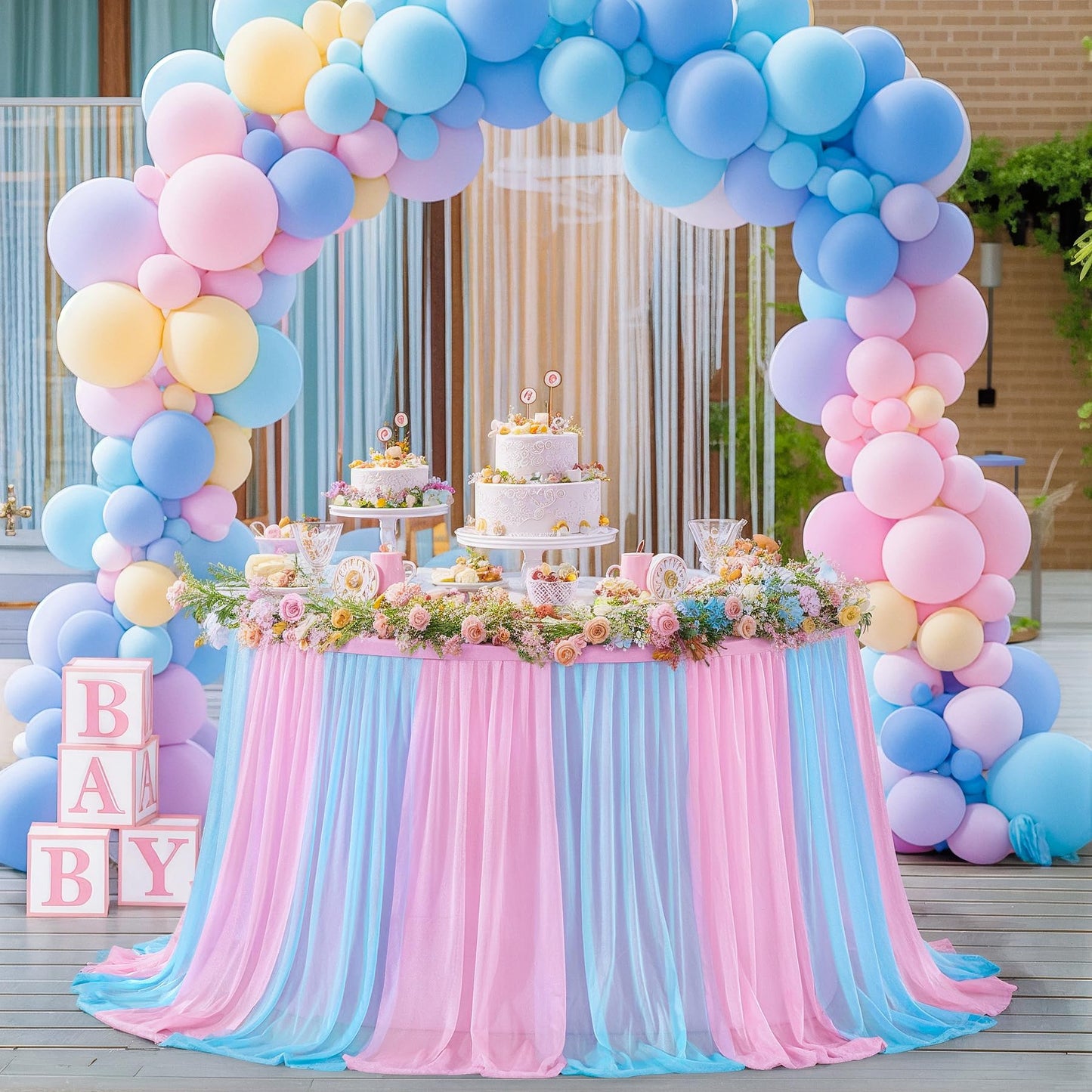 Besutolife Blue Pink Tablecloth for Round Tables 6ft Tulle Table Skirt for Baby Shower Birthday Party Dining Table Buffet Parties Camping