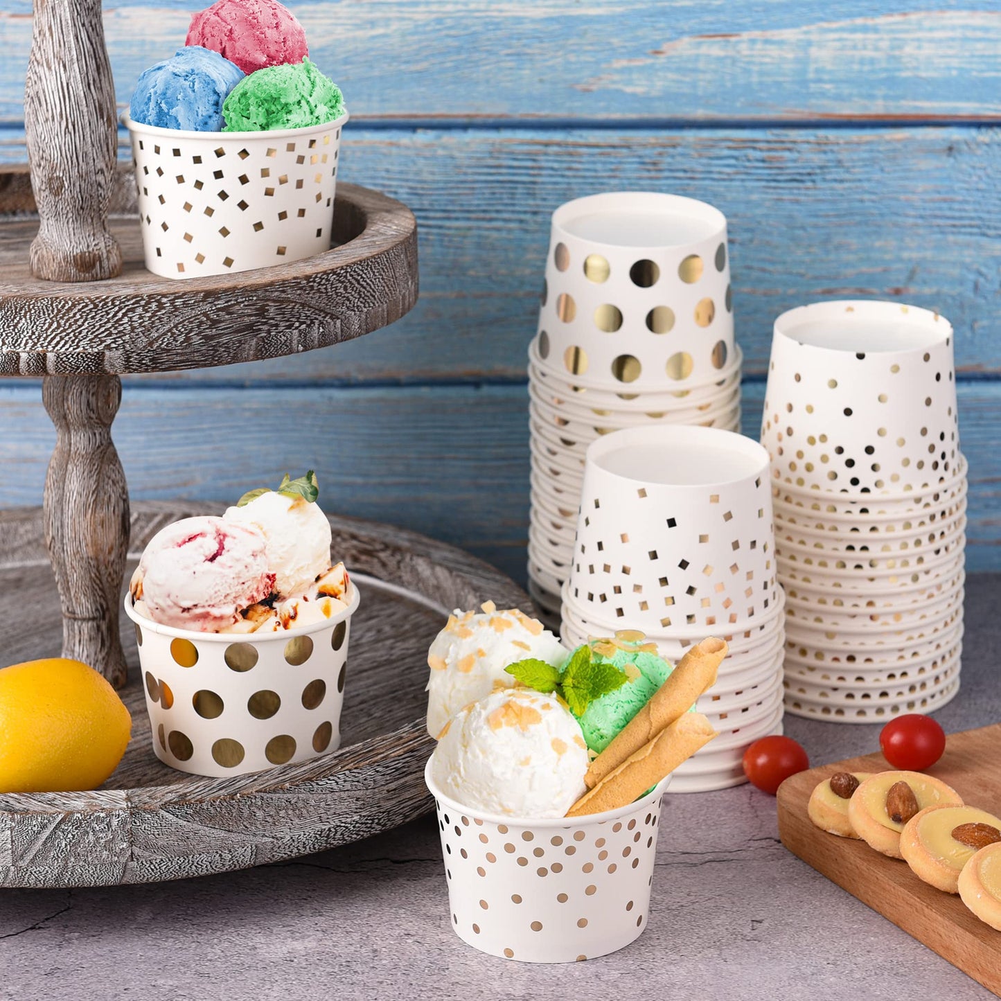 AimFun 60 Pcs Treat Snack Cups Gold Dessert Cups 8oz Disposable Paper Ice Cream Cups for Hot or Cold Food Container Birthday Christmas Party Supplies