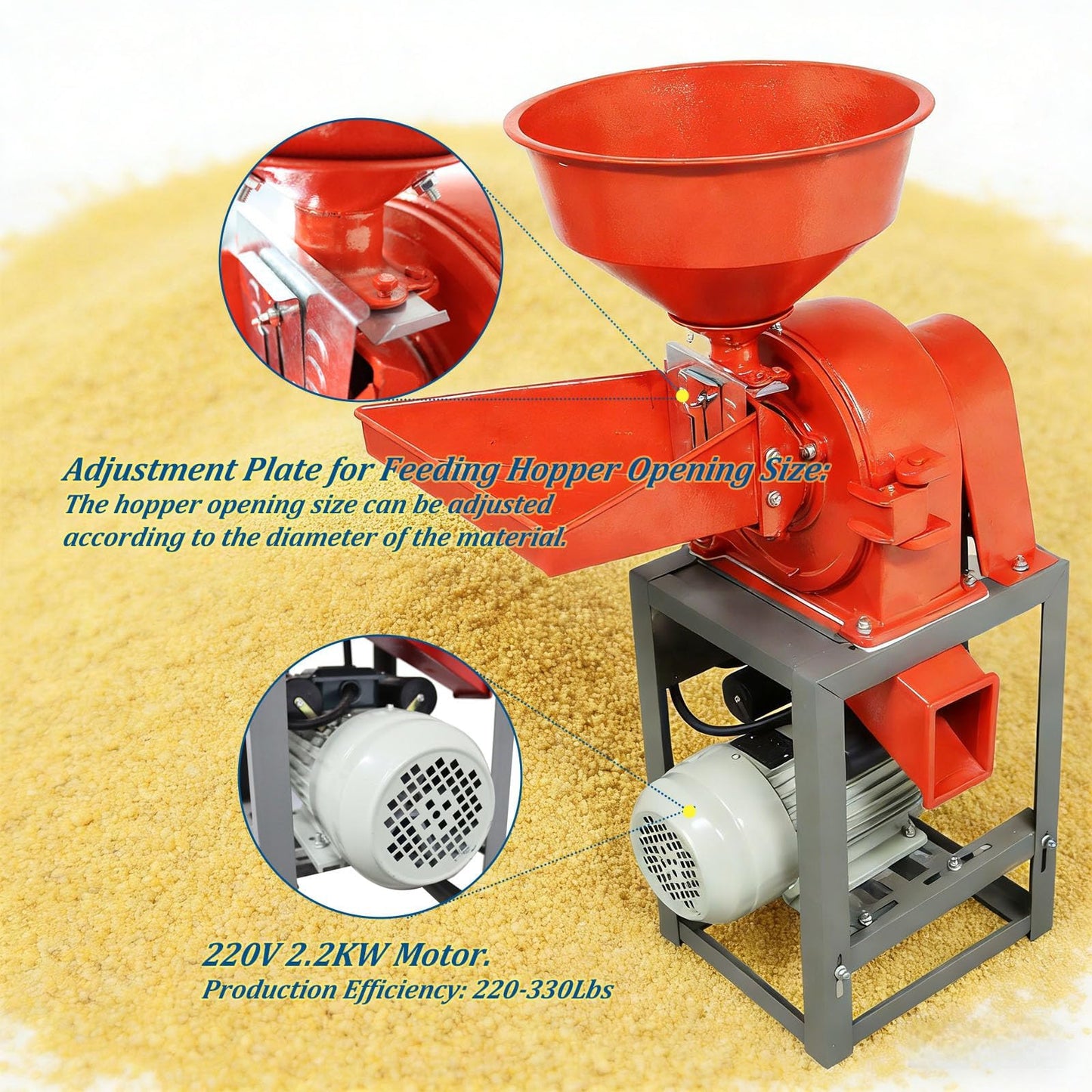JARYANNIX 220v 2.2KW Commercial Corn Grind Machine with 2 Replace Screens, 330LB Grain Mill Grinder with 2 Feeding Hoppers,Cast iron Bean Mill Grinder