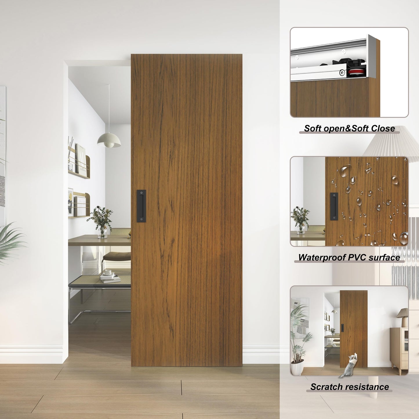 JUBEST 30"x84" Concealed Sliding Barn Door with Soft Close Hardware Kit, Brown Hidden Door for Opening 26"-28"x80", Waterproof and Modern, Smooth Sliding, for Interior Using, Widely Used