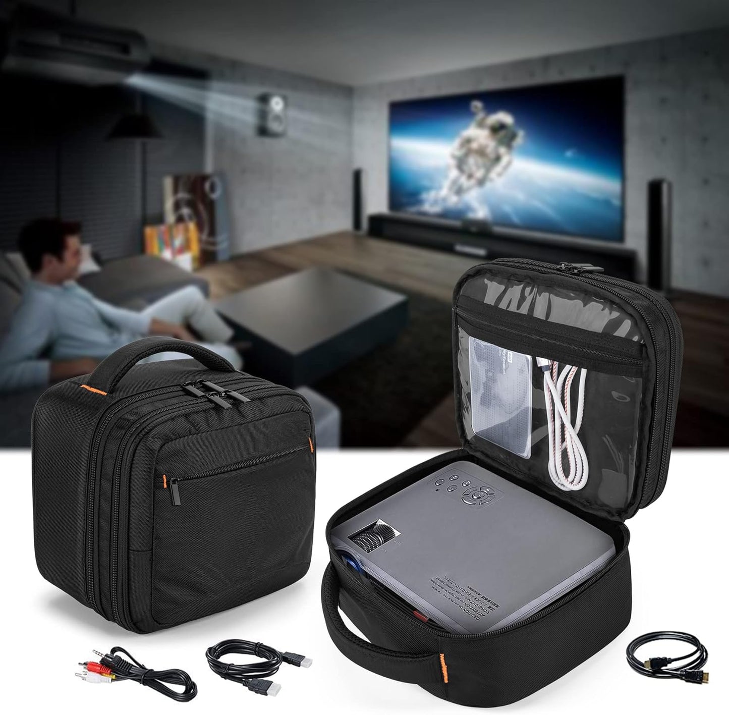 CURMIO Double Layers Projector Case, Mini Projector Carrying Bag Compatible for DR.J Professional and QKK Mini