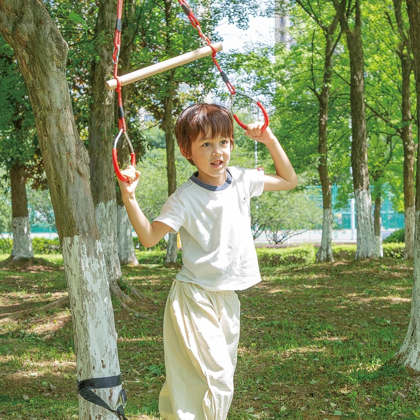 Nets Tribe Trapeze Swing Bar with Gymnastic Rings Warrior Accessories for Obstacle Course Monkey Bars for Indoor Outdoor Garden, Backyard, Playground, Playroom, Red, Wood