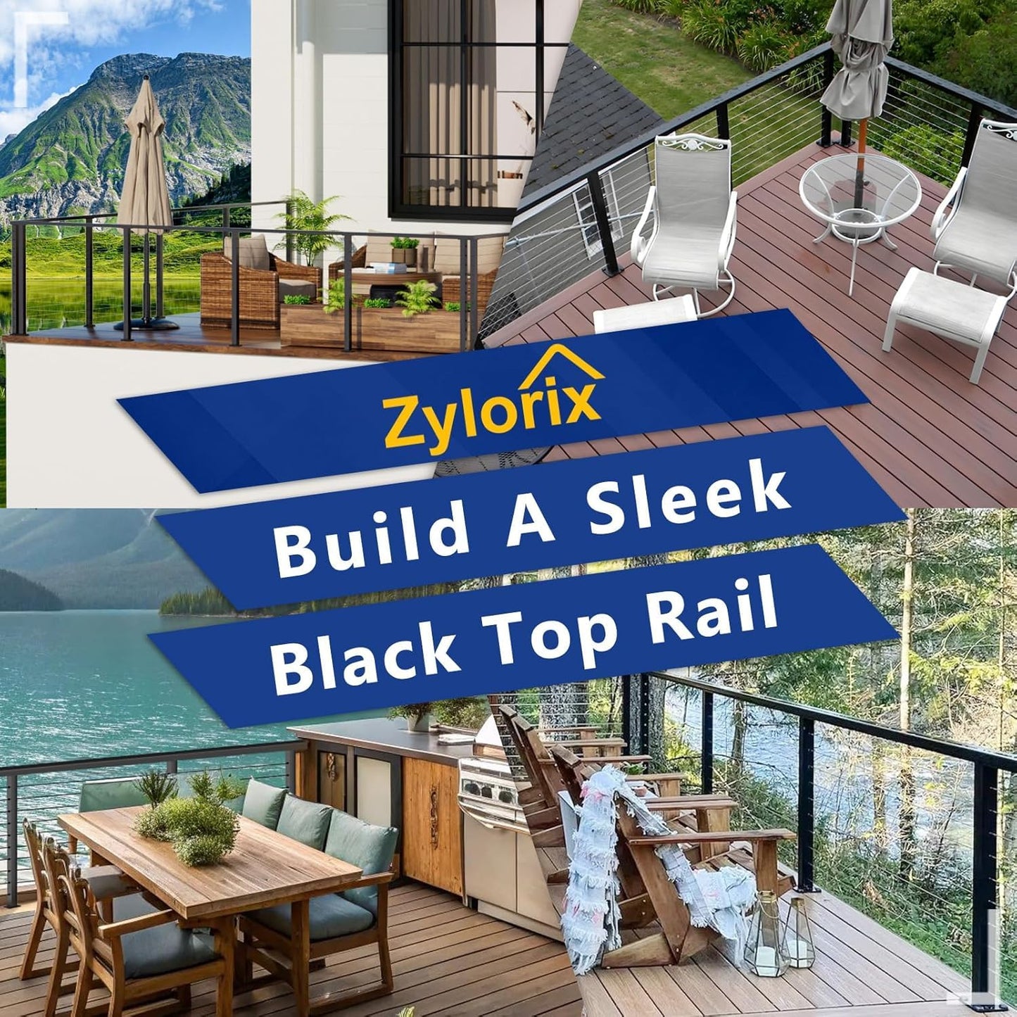 Zylorix 3Pack Modular 12FT Aluminum Black Handrail for Lake House Deck Railing, 2.36" W X 1.18" H Cuttable Rectangular Flat Top Hand Rail for DIY Outdoor Deck Stair Cable Railing(Screws Included)
